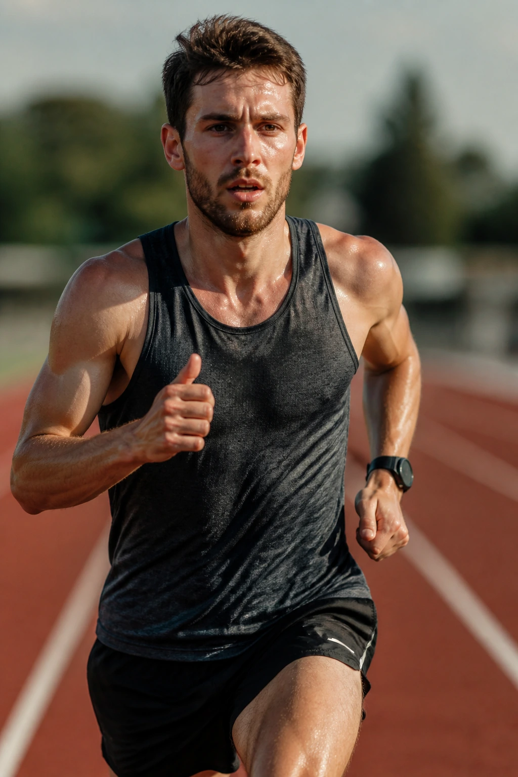 Runner on track at tempo effort transitioning to sprint