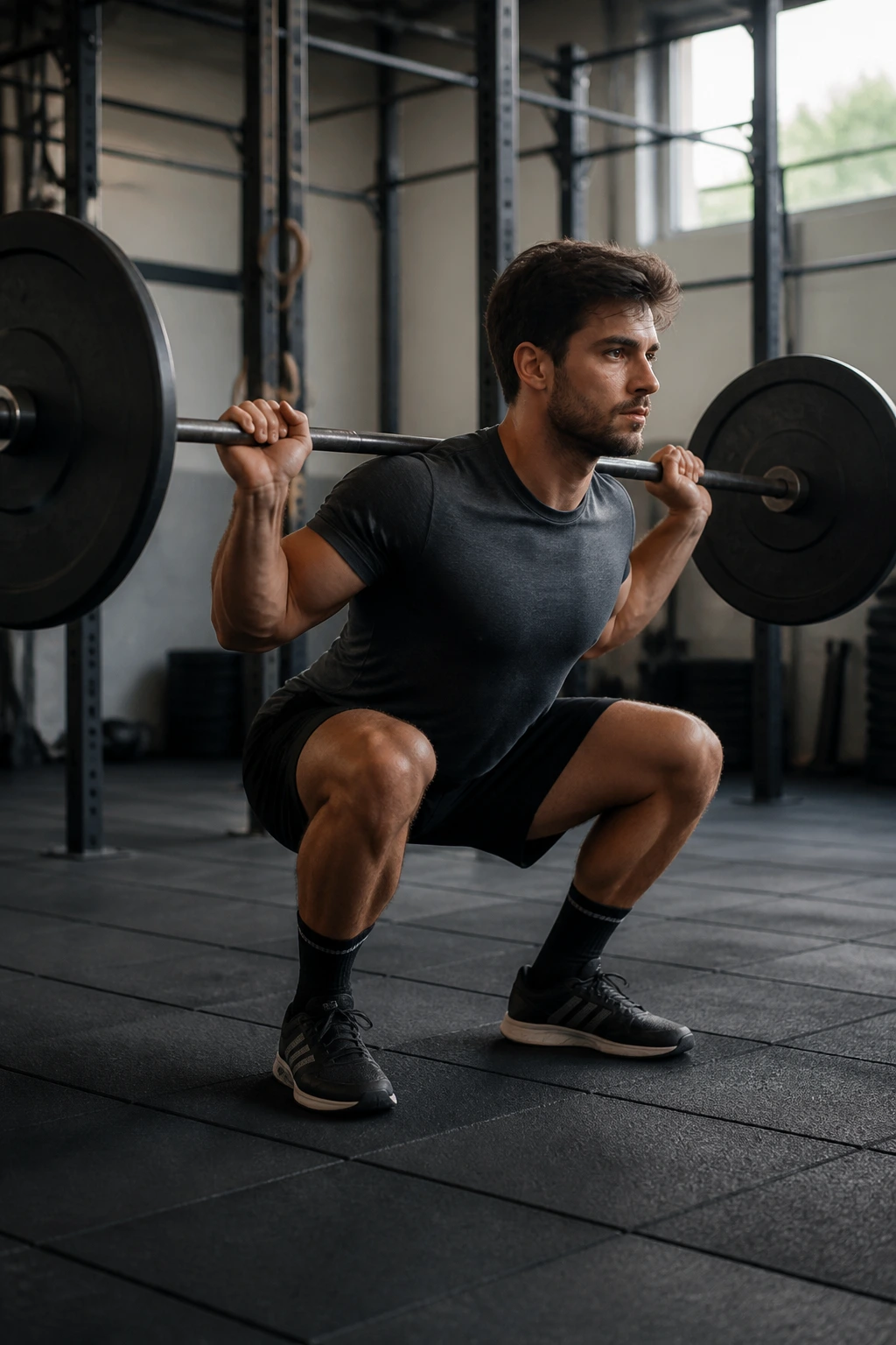 Real person performing a slow, controlled squat in a gym to illustrate tempo
