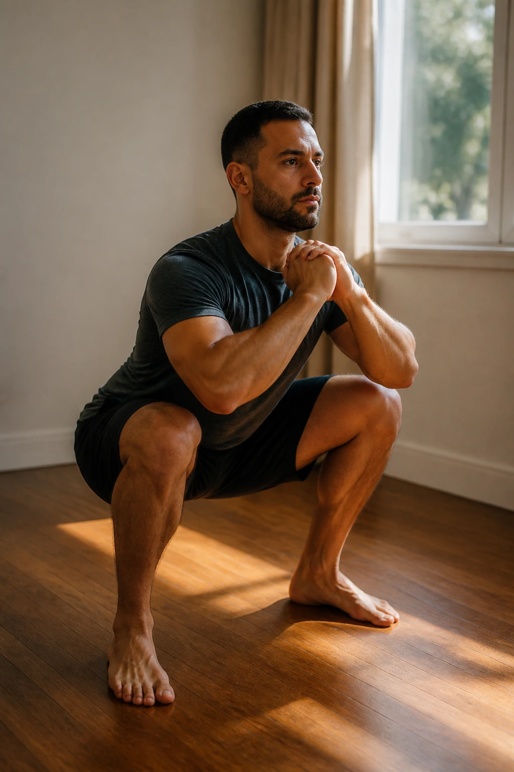Person performing tempo squat with a 3-1-1 tempo in a home setting