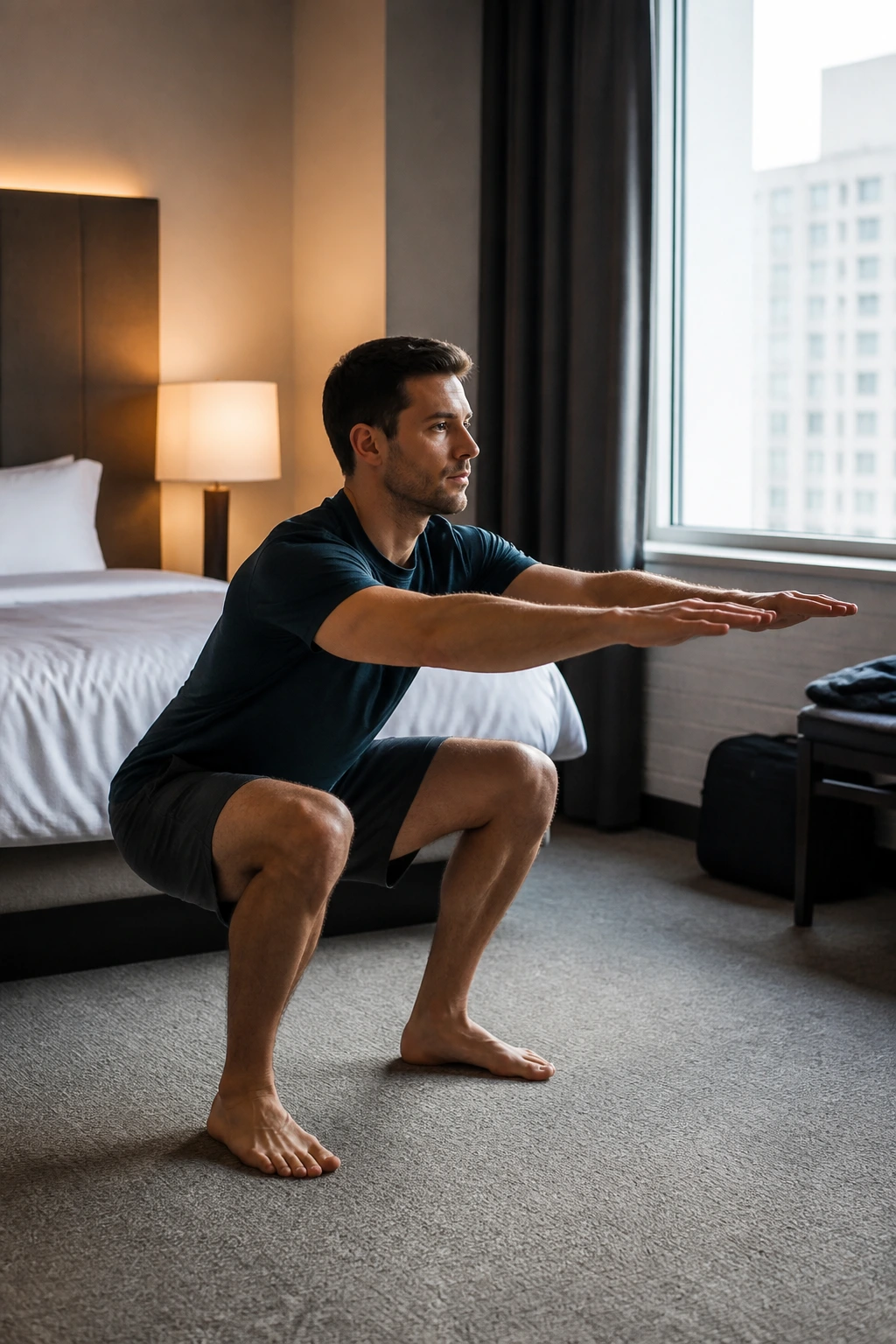Person performing tempo air squats in a small hotel room during EMOM