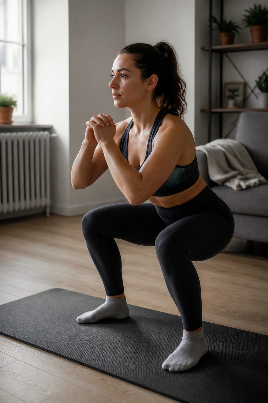 Person performing tempo squats in a quiet apartment