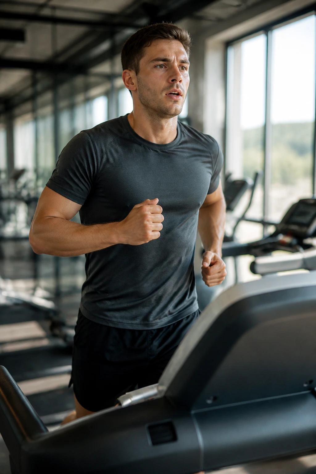 Real person on a treadmill showing a controlled challenging tempo during a beginner test