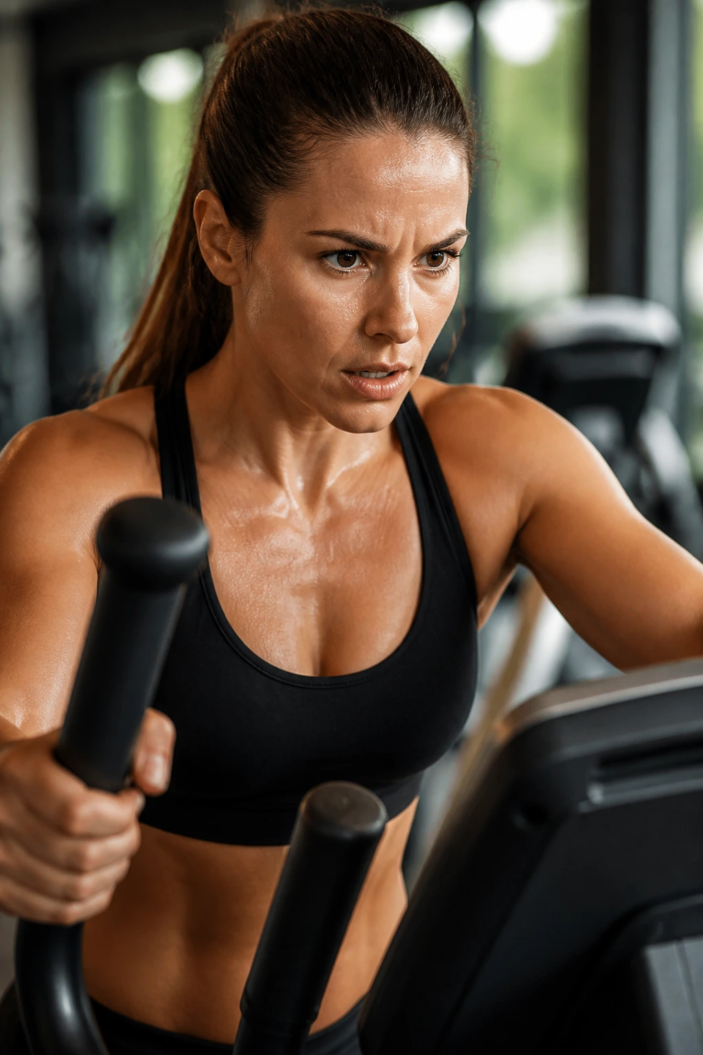 Close-up of a woman on a cross trainer during tempo threshold workout in a gym