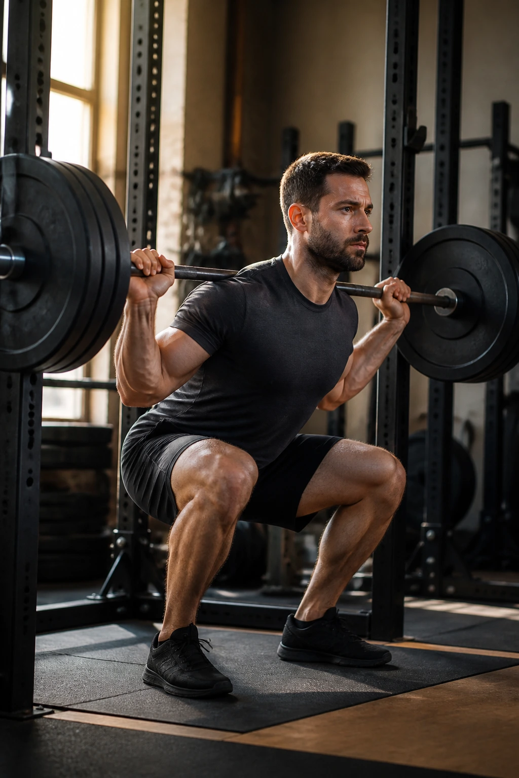 Lifter performing a slow tempo squat with barbell in a gym