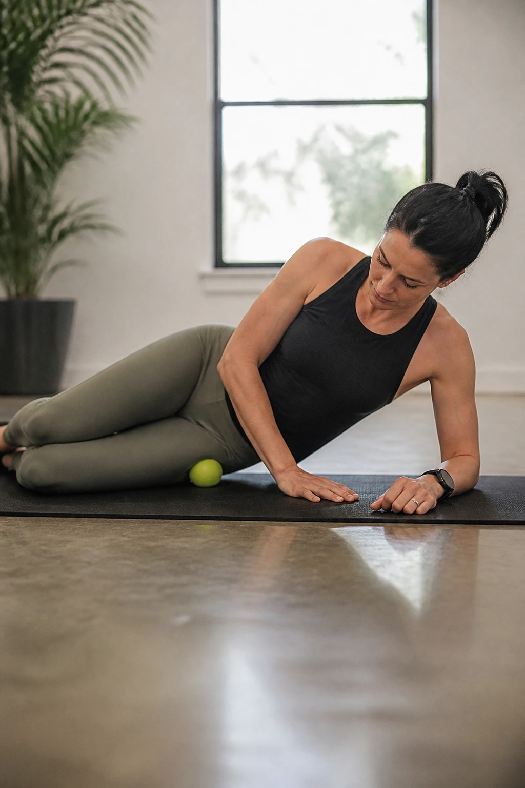 Side-lying hip with tennis ball under TFL for release