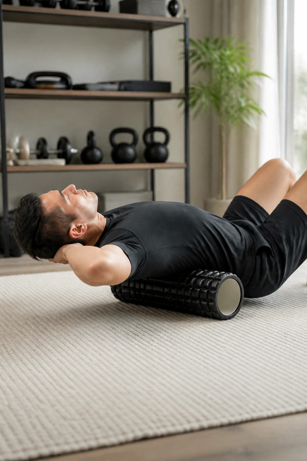 Person using a foam roller for thoracic extension in a home setting