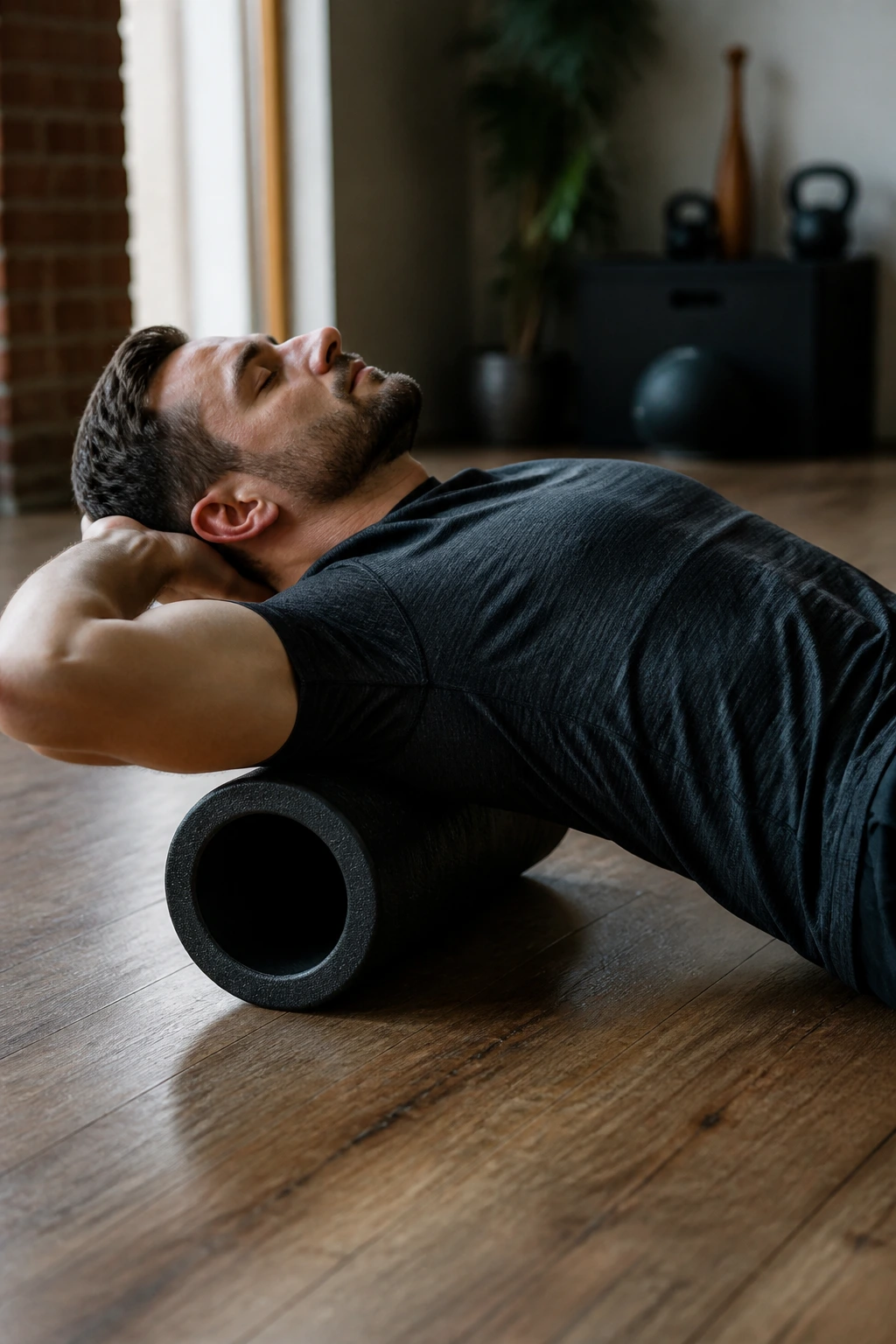 Person on a foam roller performing thoracic extensions on mid-back.
