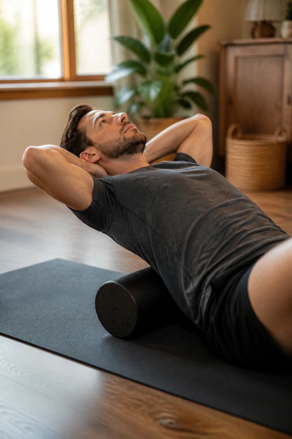 Person performing thoracic extension over a foam roller on a yoga mat at home.