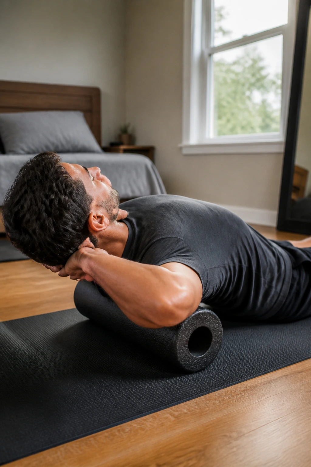 Upper back extended over a foam roller for thoracic mobility