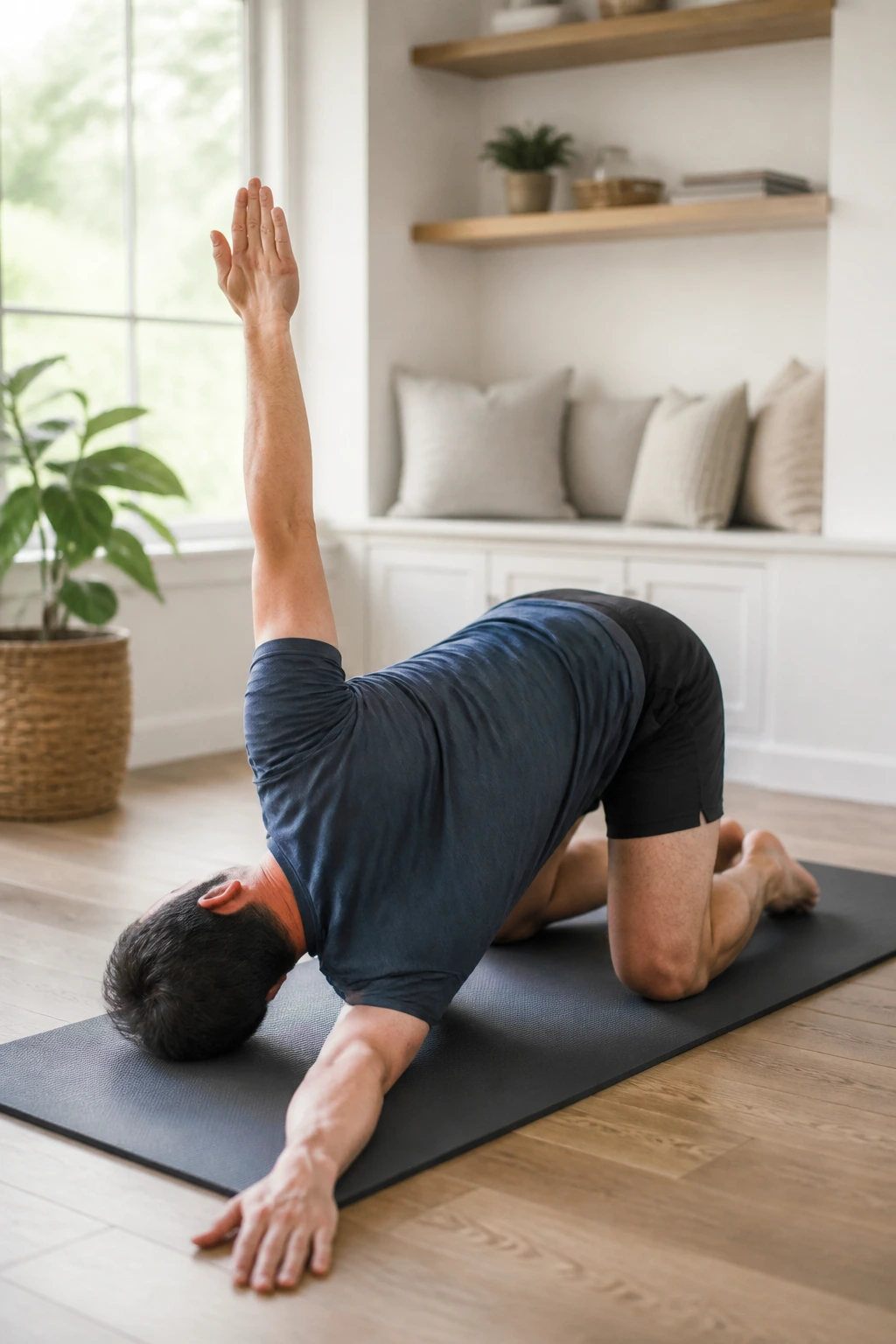 Person in tabletop position performing thread the needle rotation on a yoga mat
