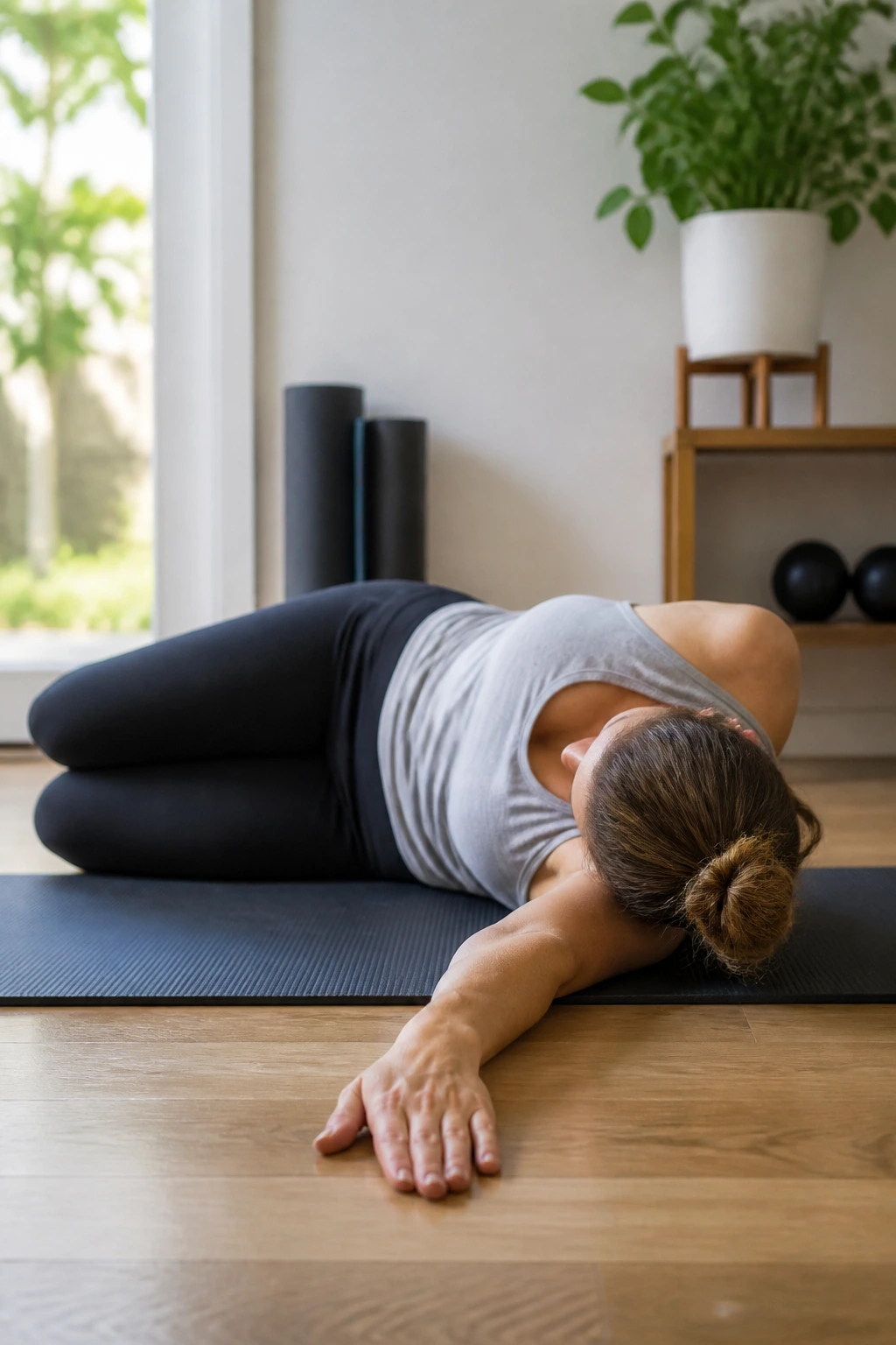 Real person performing Side Lying Thoracic Rotation on mat with top arm rotation