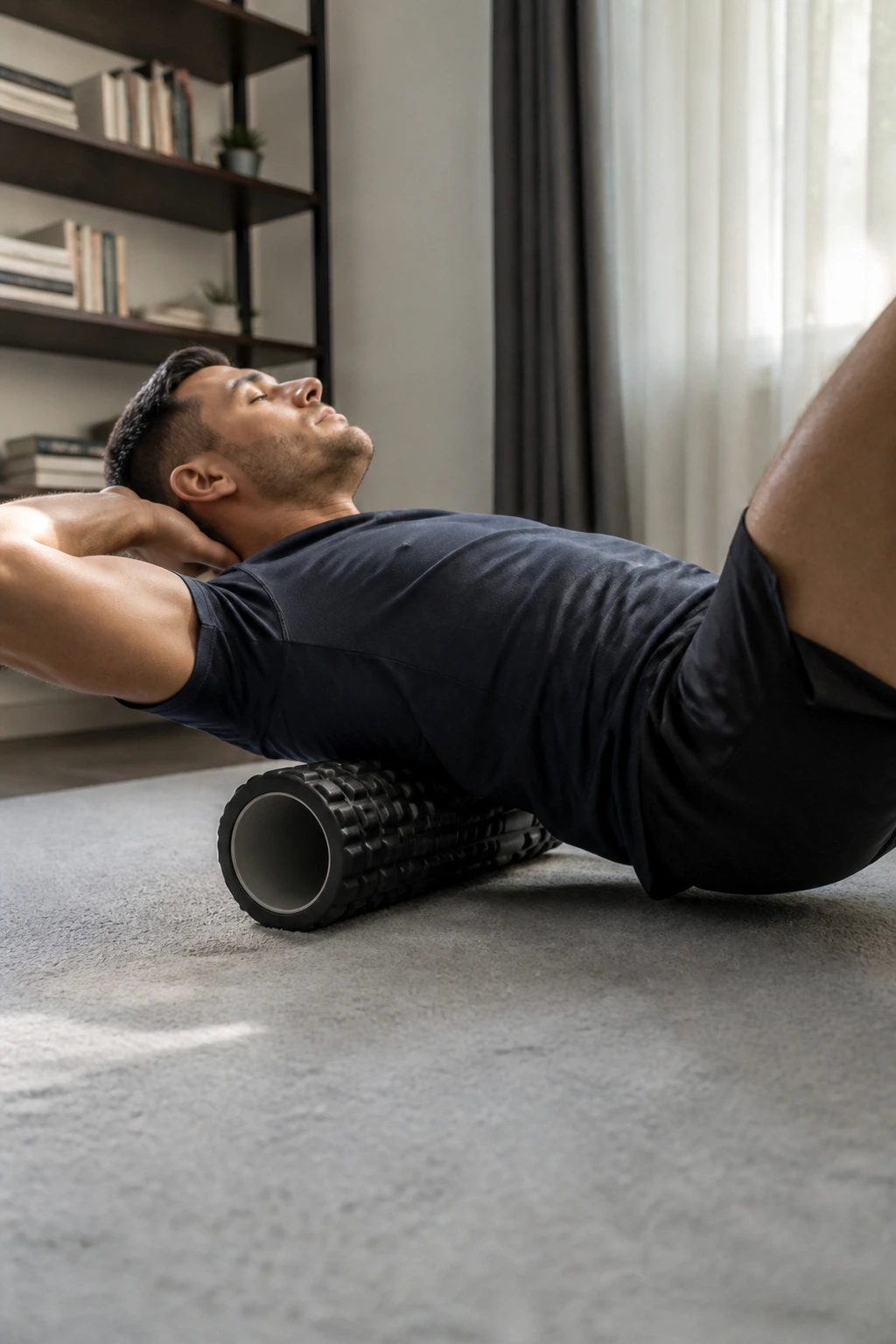 Upper back released on foam roller in home setting