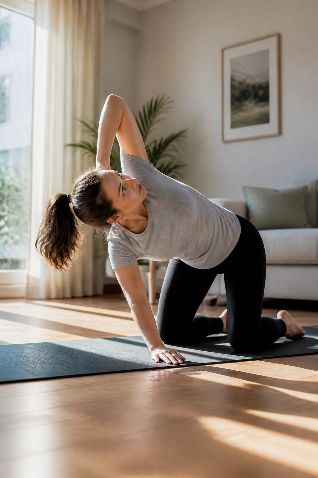 Person performing Thoracic Spine Rotations in a home setting