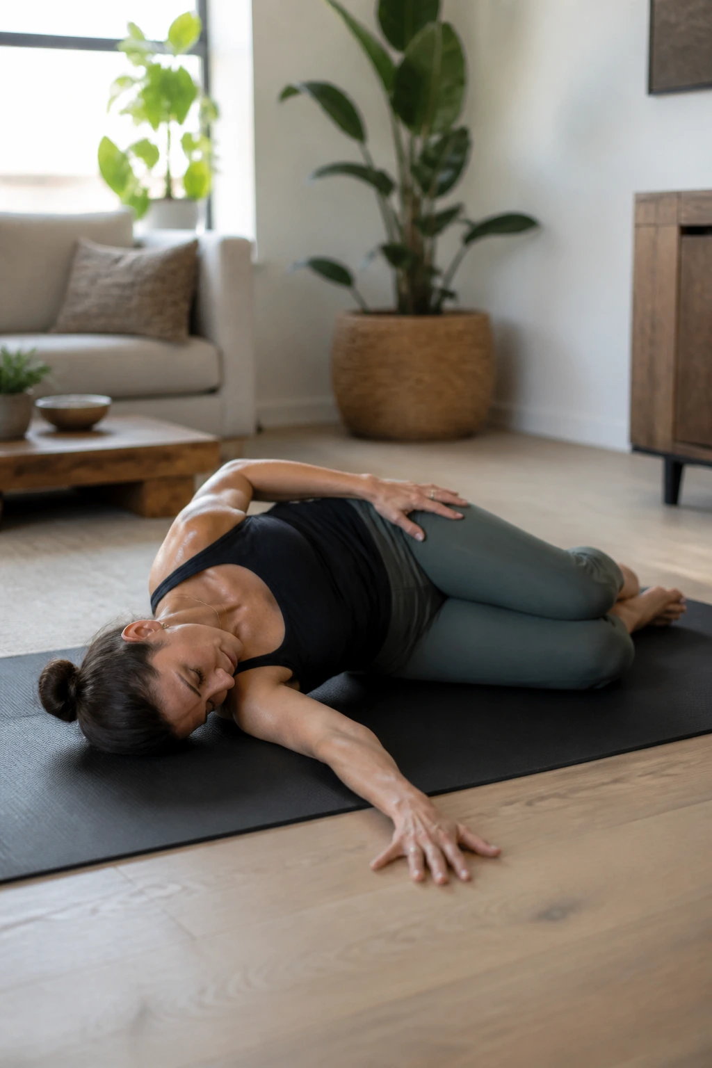 Medium close-up of a person performing a side-lying hip stretch on a yoga mat