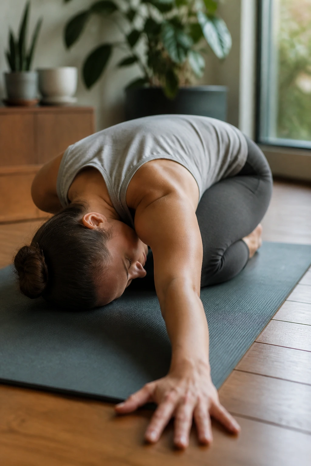 Medium close-up of person in Thread the Needle pose at home, right arm under left, shoulder and temple on the mat