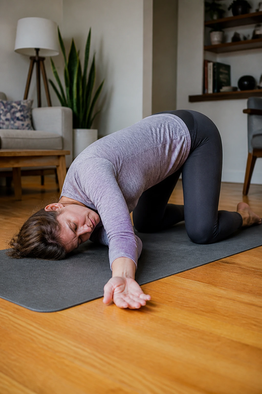 Person performing thread the needle stretch on a yoga mat