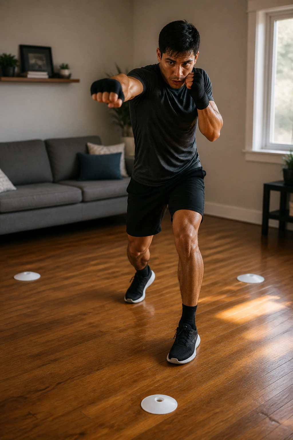 Boxer performing three-corner footwork drill in a living room