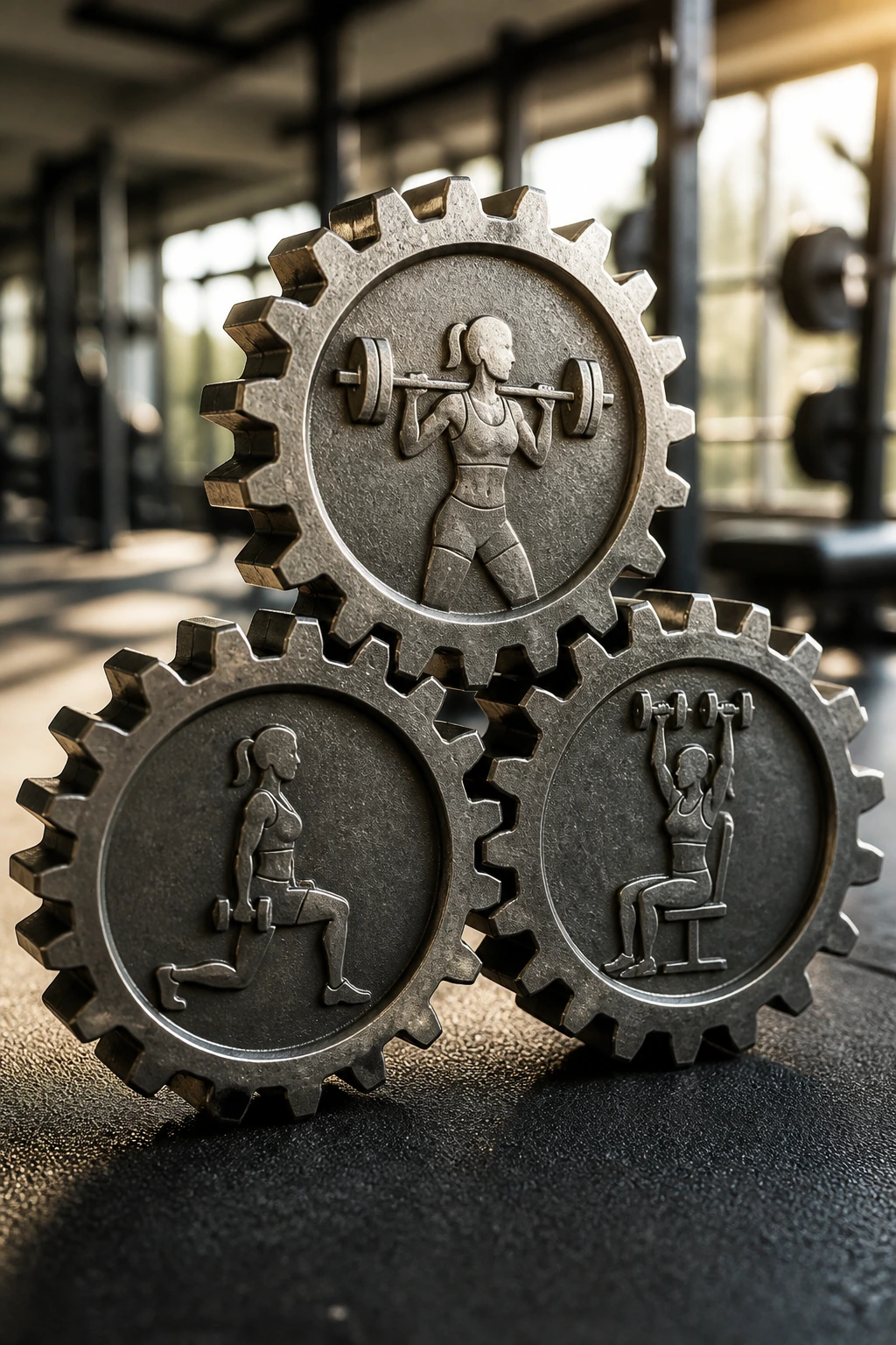 Close-up of three interlocking gears with gym silhouettes in a gym background