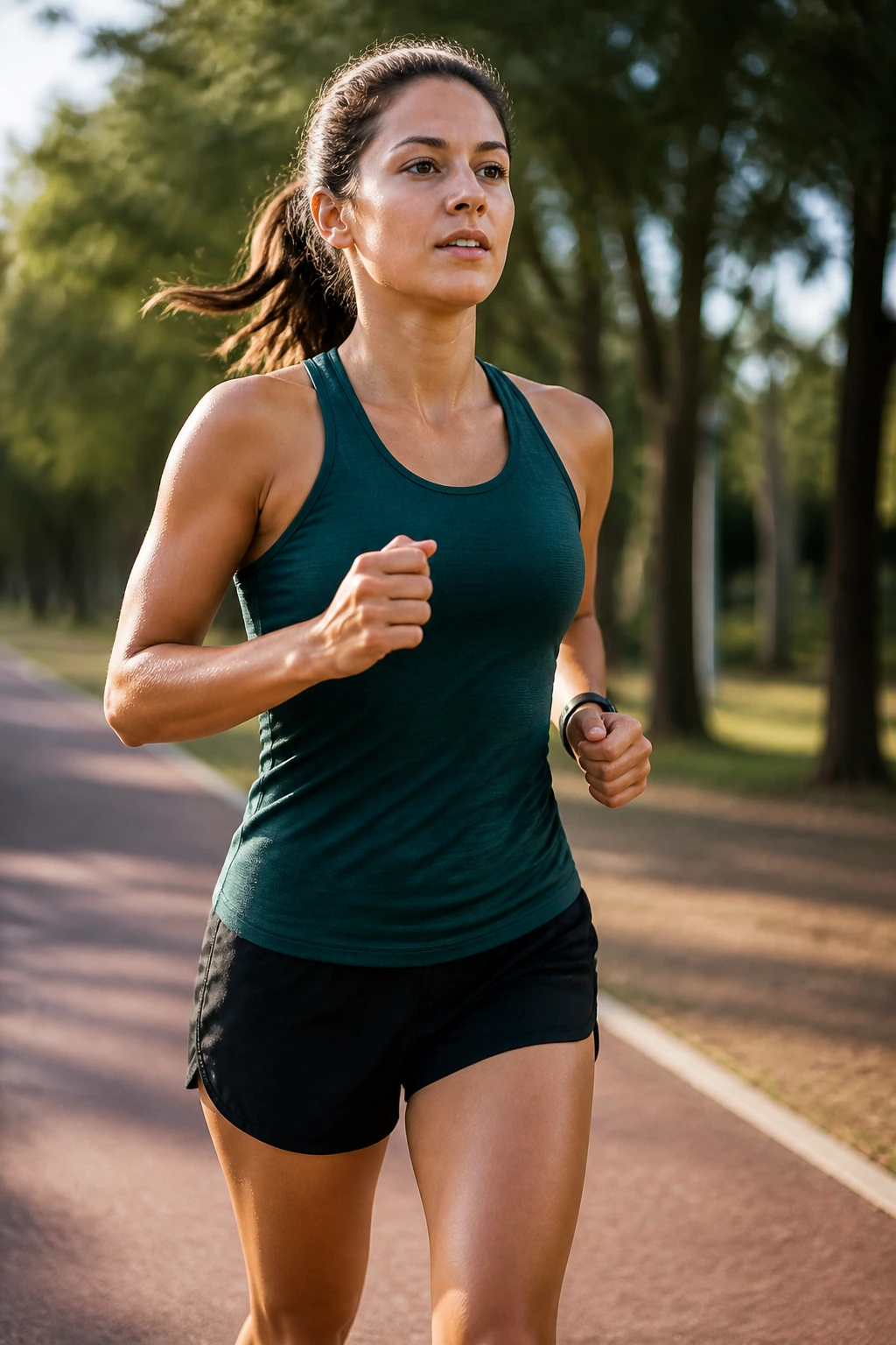 Runner on a park track showing steady pace for a three-day-a-week plan