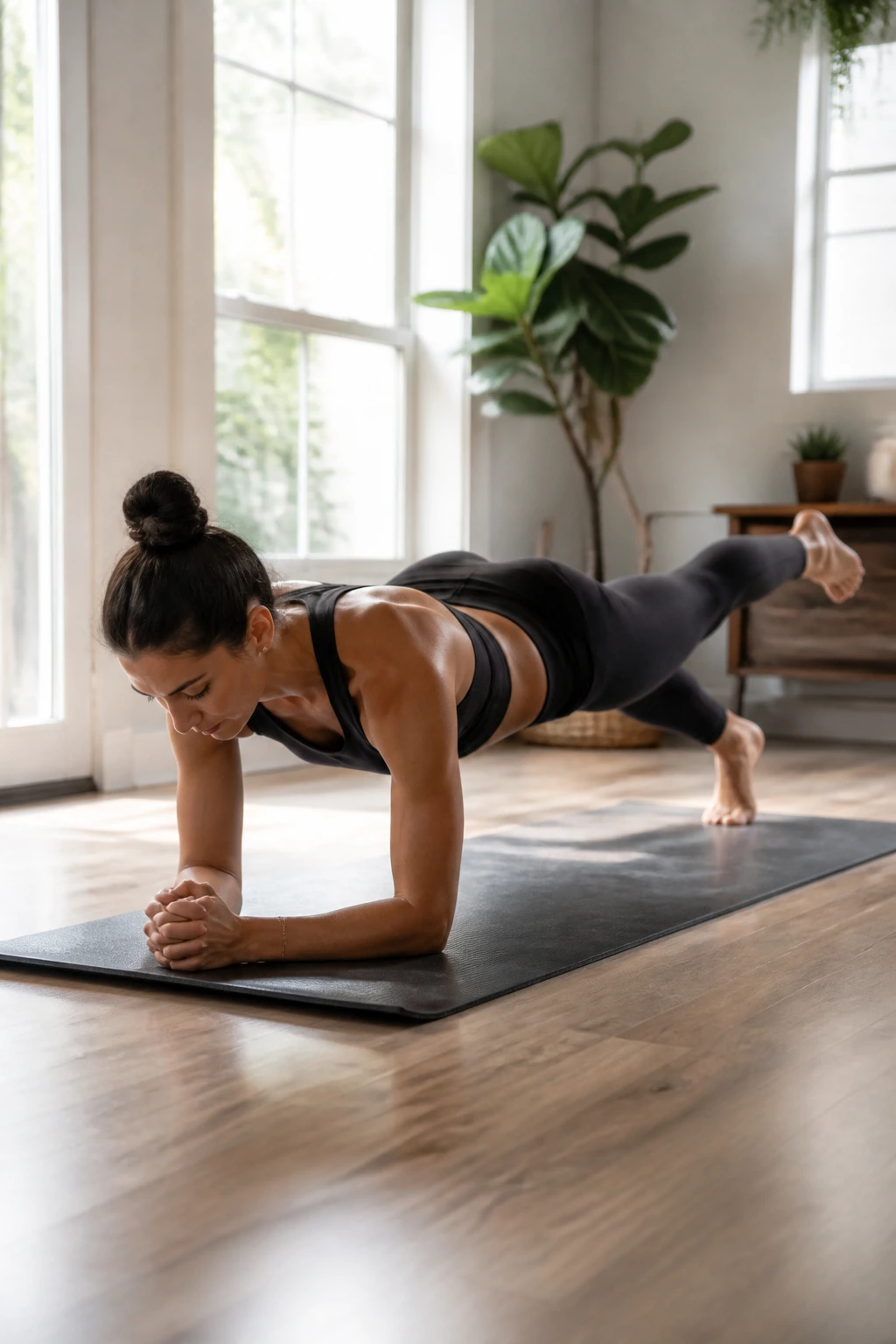 Person in a three-legged plank with leg lifted, maintaining a straight spine