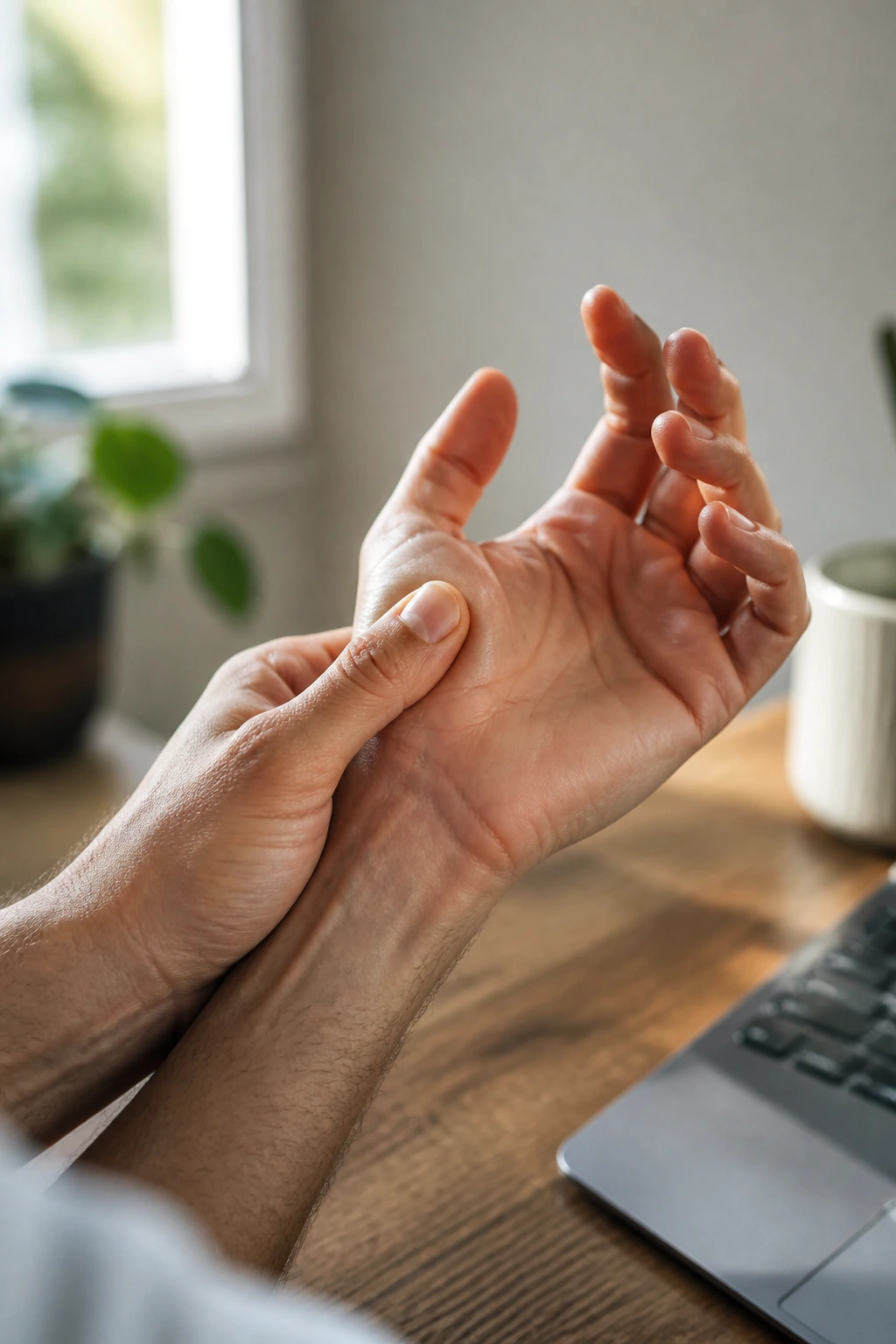 Close-up of a hand performing thumb circles near the wrist