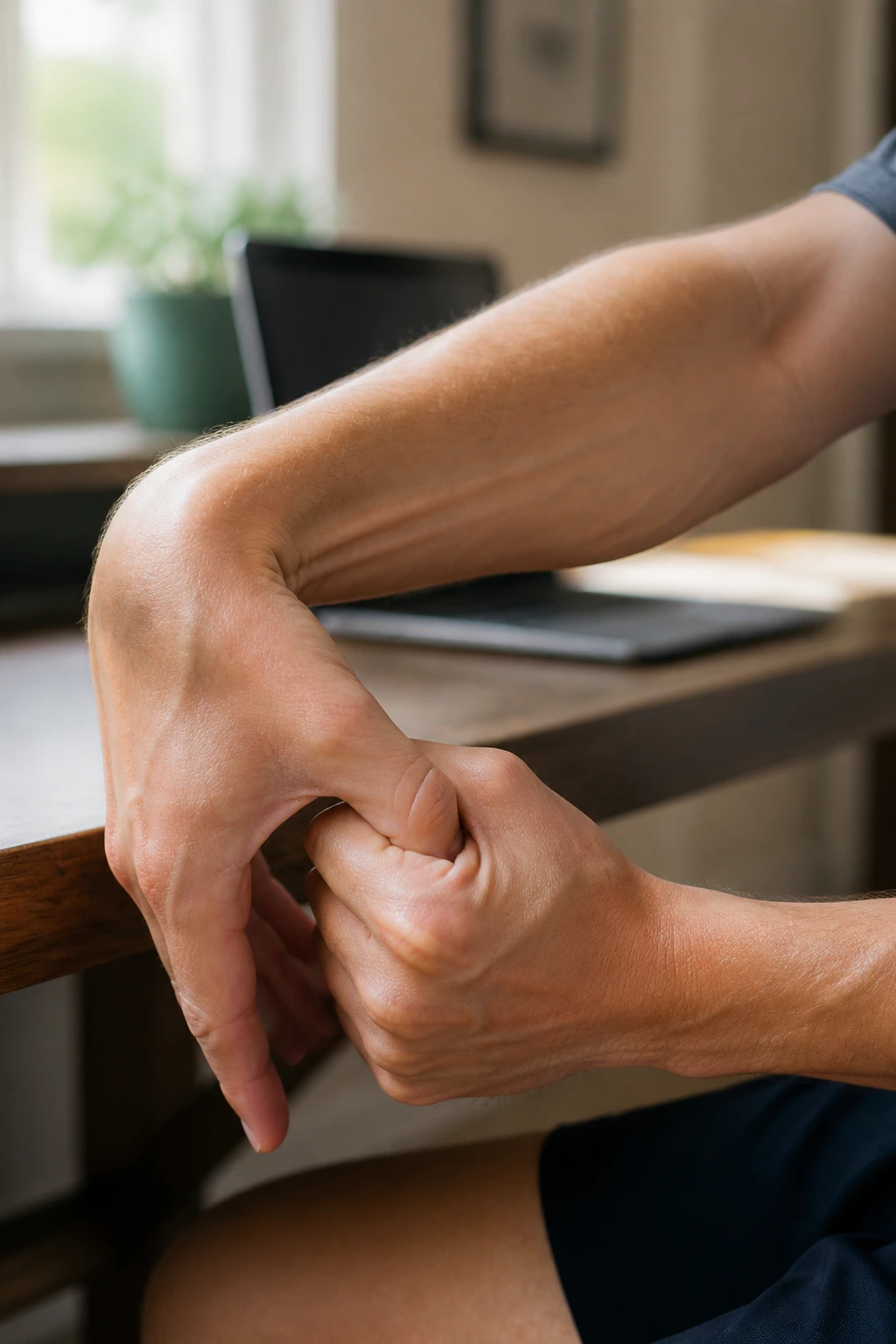 Close-up of hand performing the thumb pull stretch with fingers wrapped around the thumb
