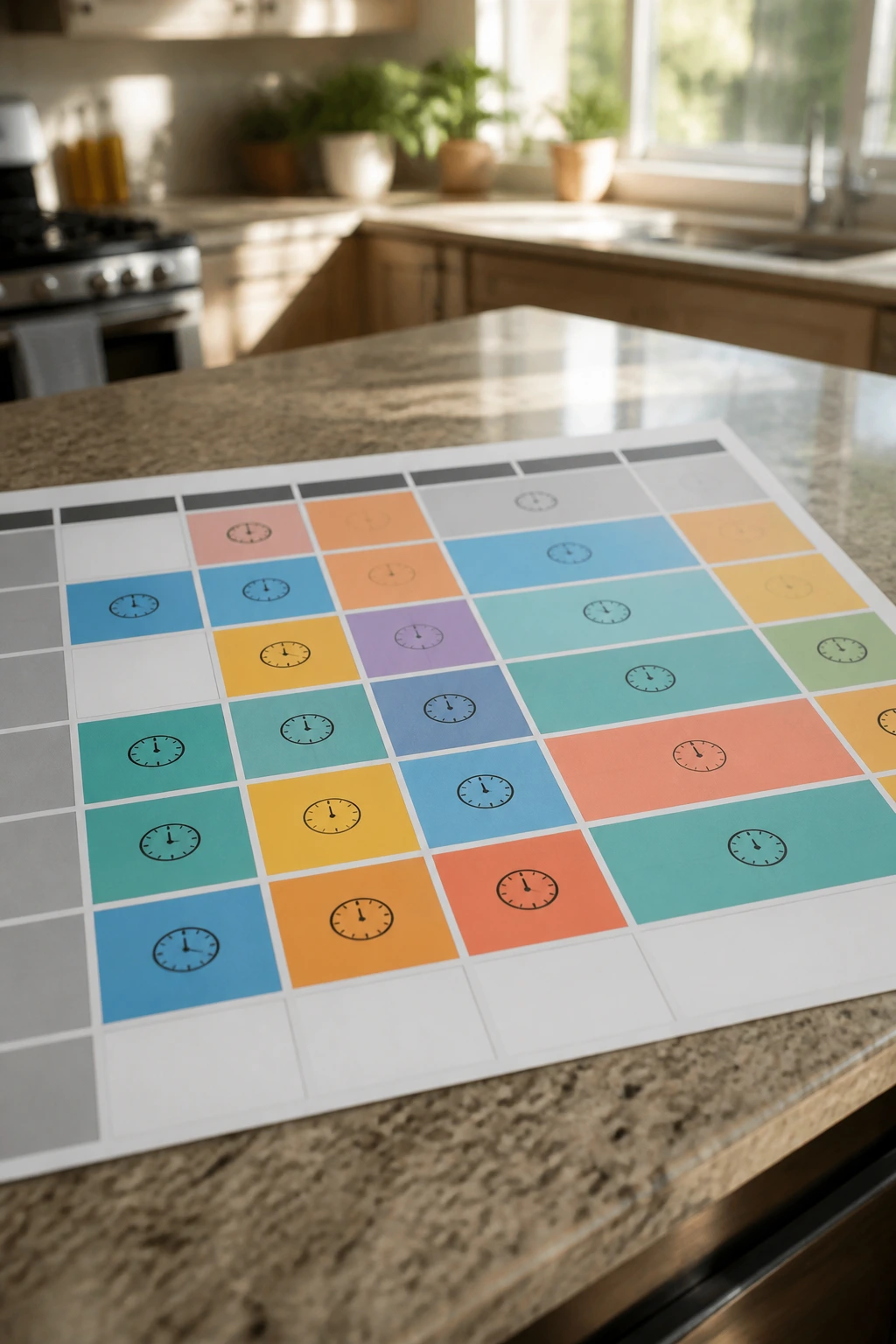 Calendar with colored 30-minute blocks and clock icons in a kitchen setting