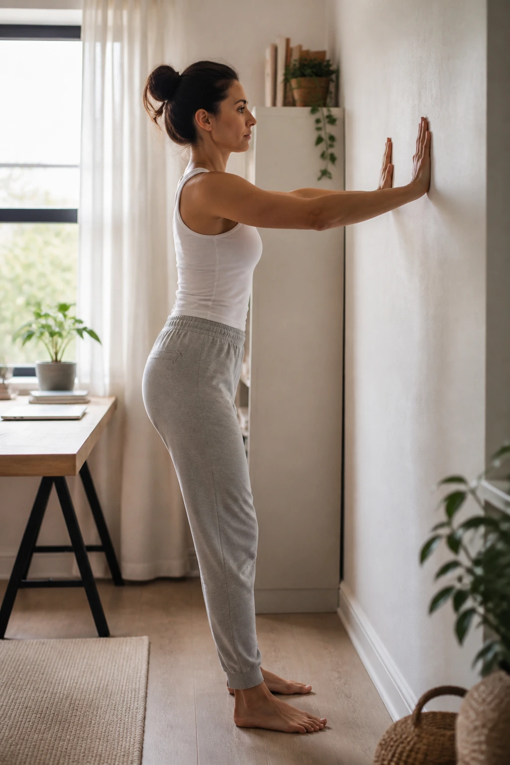 Full-body shot of a person performing a no-mat wall push in a small room