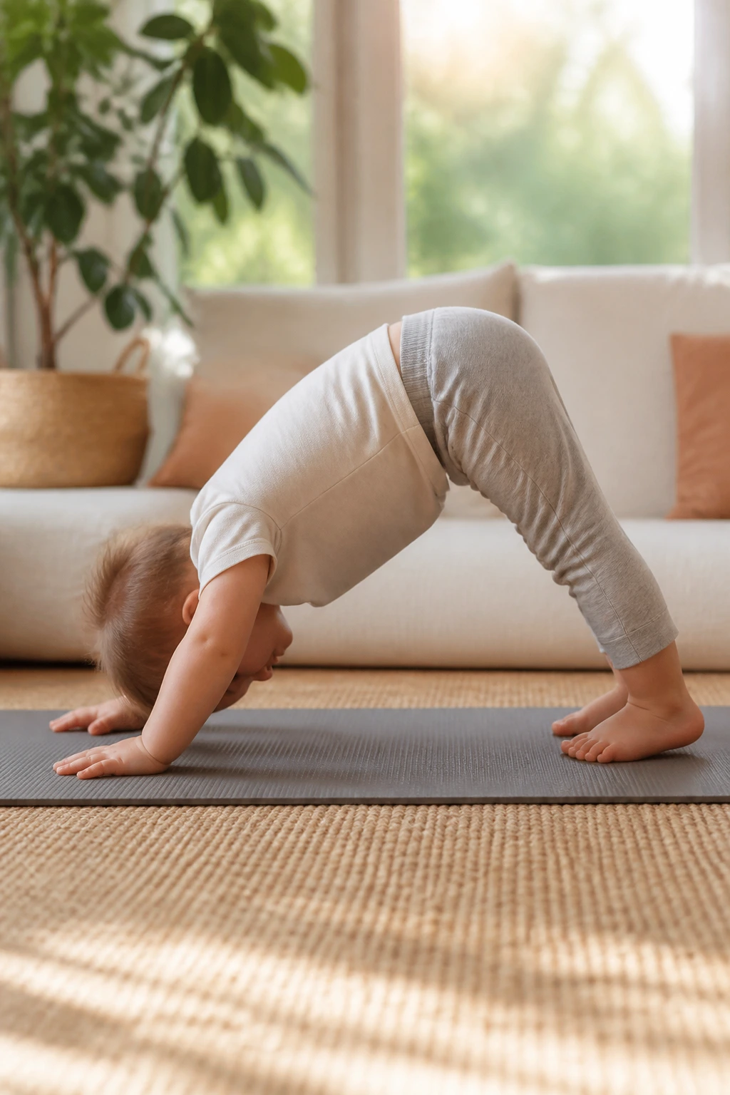 Toddler in downward dog yoga pose on a mat in a sunny living room