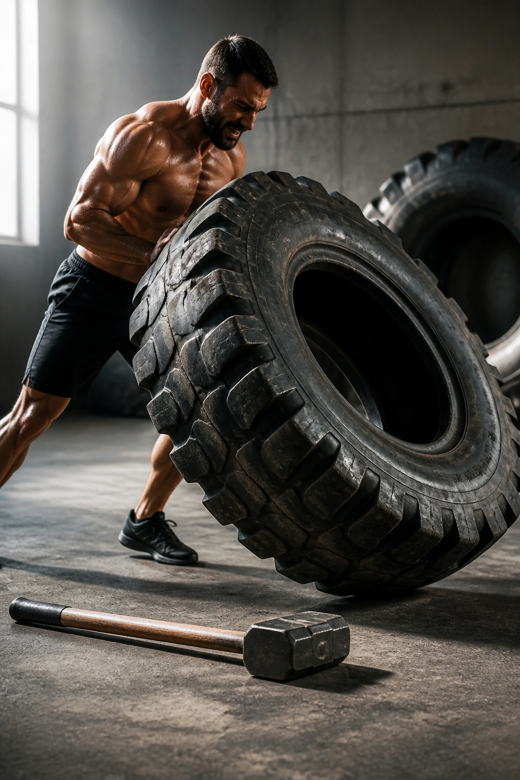 Athlete flipping a tire in a gym with a hammer nearby