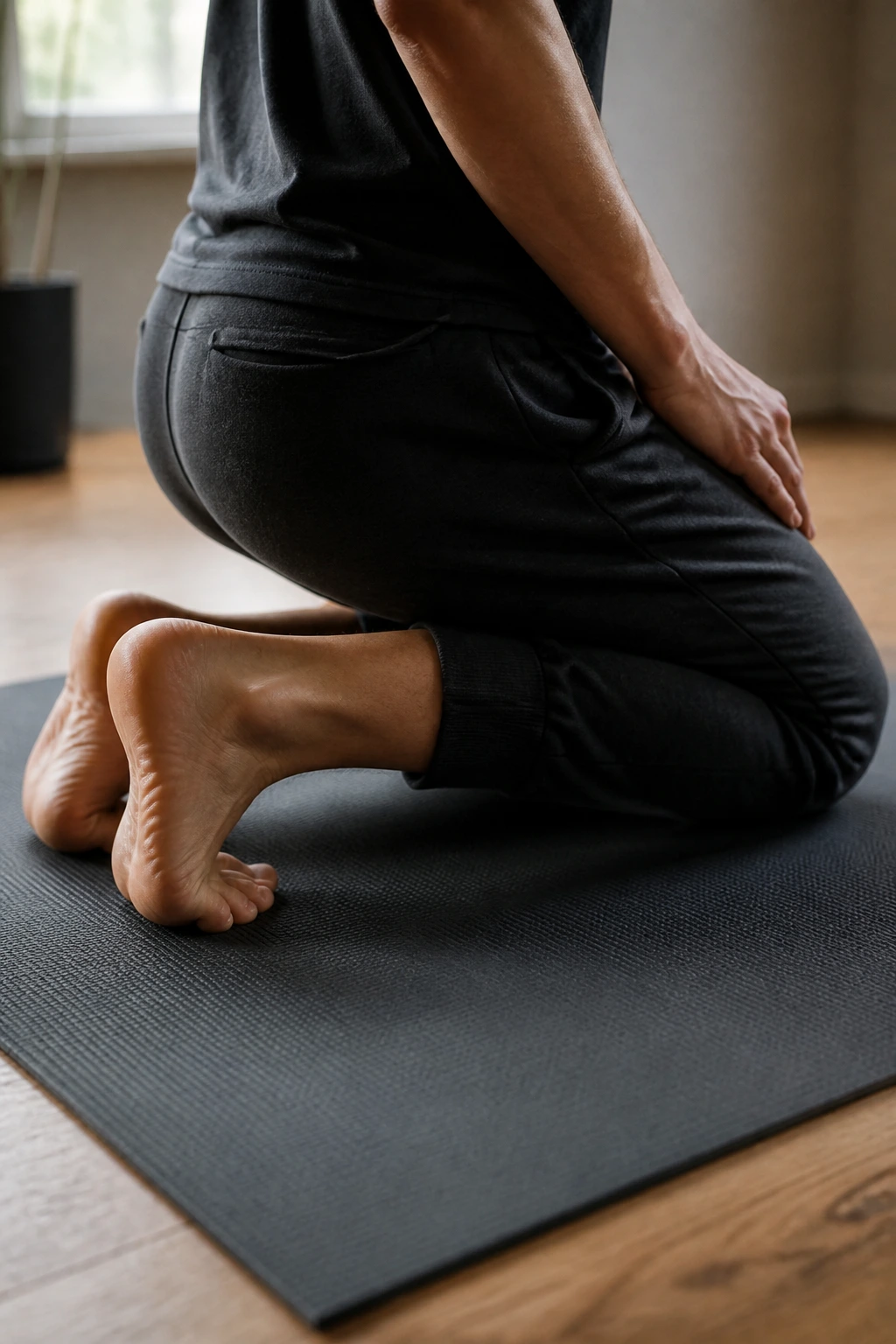 Person kneeling and stretching foot arches on a mat