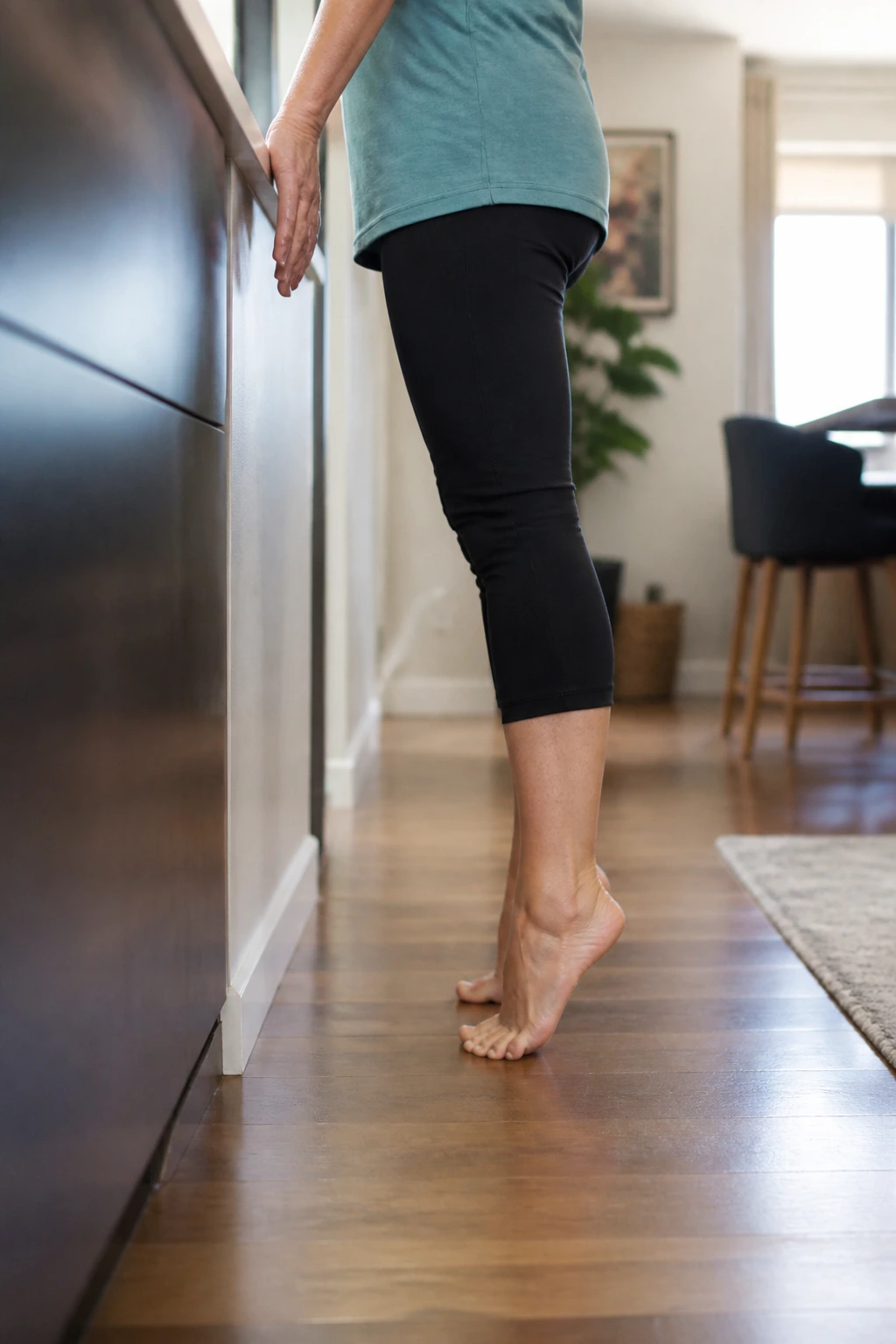 Senior performing toe raises near wall at home