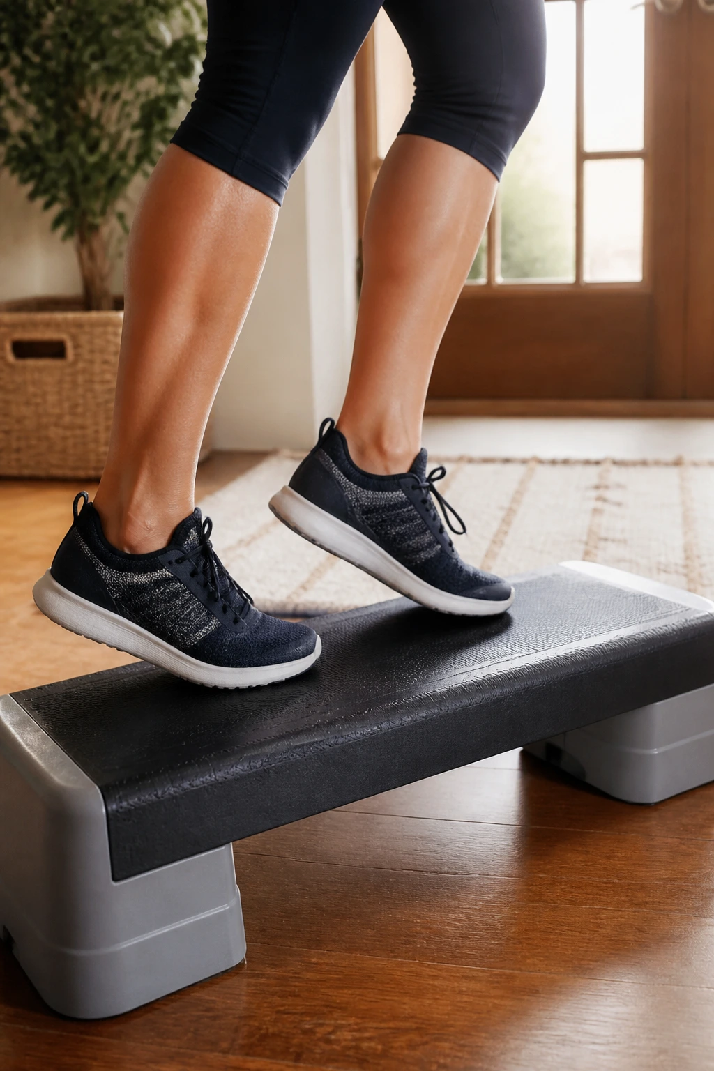 Feet performing toe taps on a stair for cardio ladder