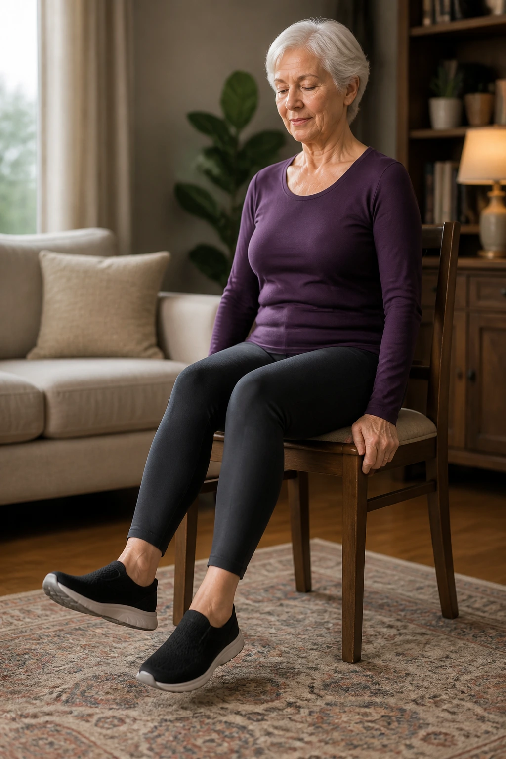 Senior performing toe taps seated in a living room
