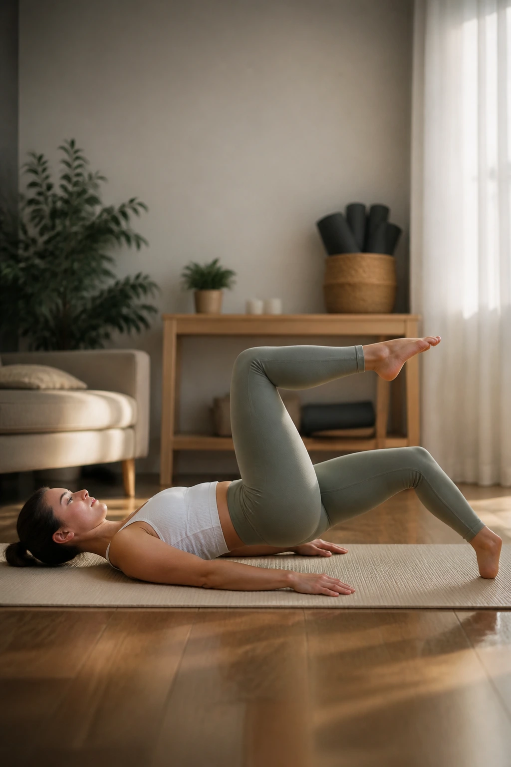 Person performing toe taps in tabletop position to test pelvic floor coordination