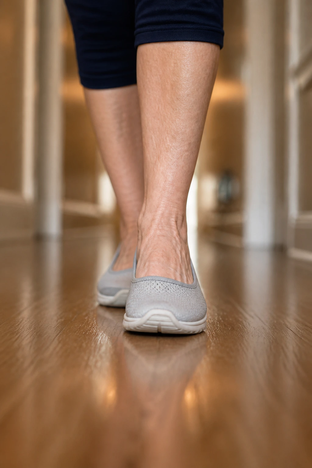 Medium close-up of an elderly person walking heel-to-toe in a hallway for balance