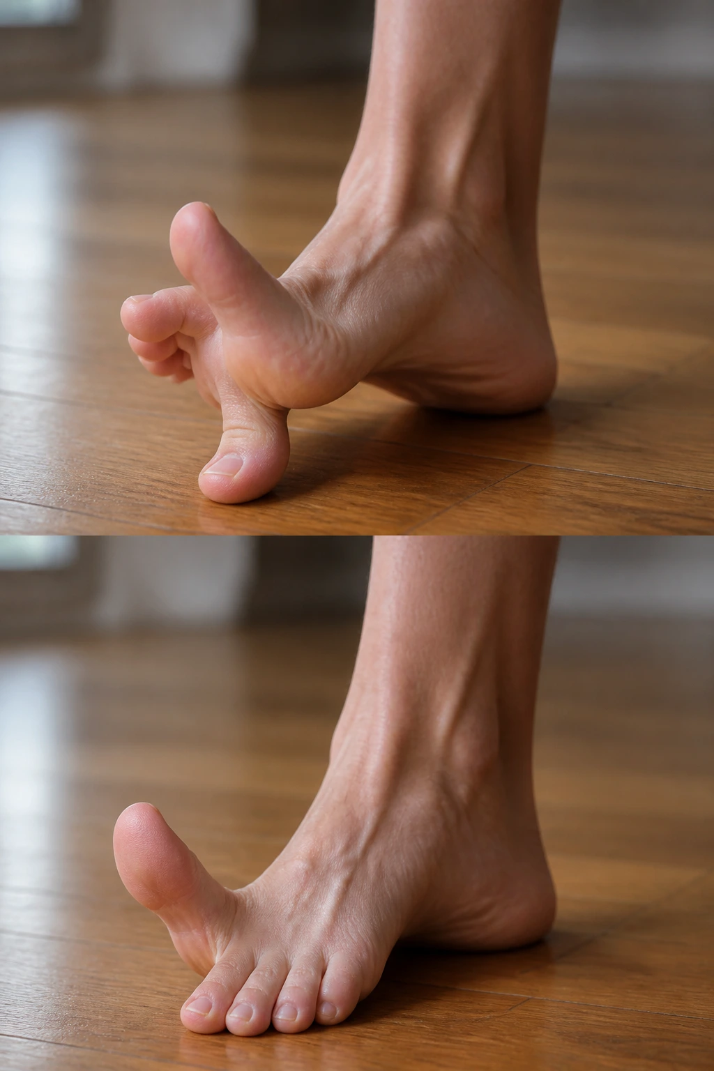 Bare foot performing toe yoga movements to improve foot control