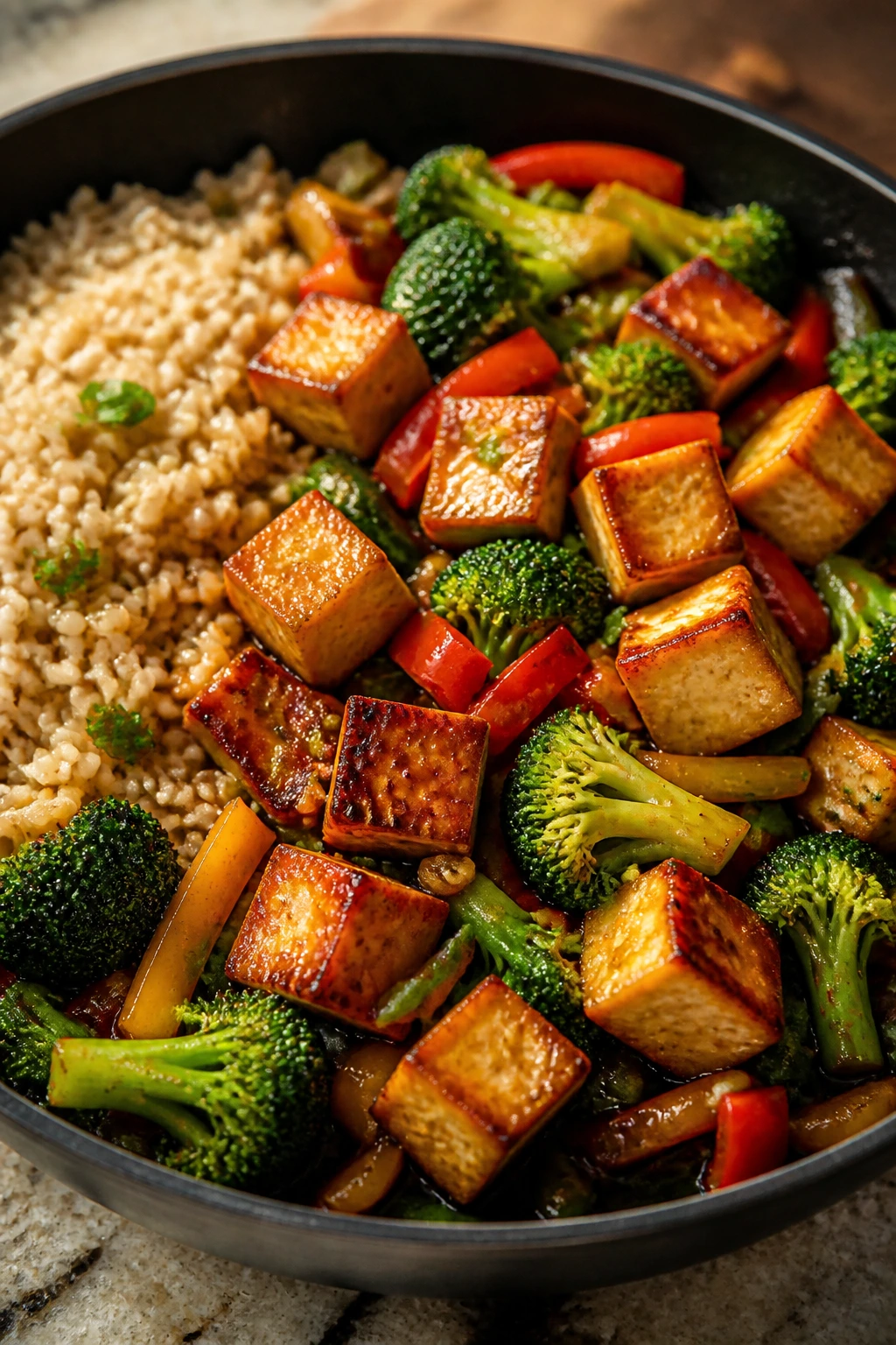 Close-up of tofu stir-fry with brown rice featuring crispy tofu and colorful vegetables