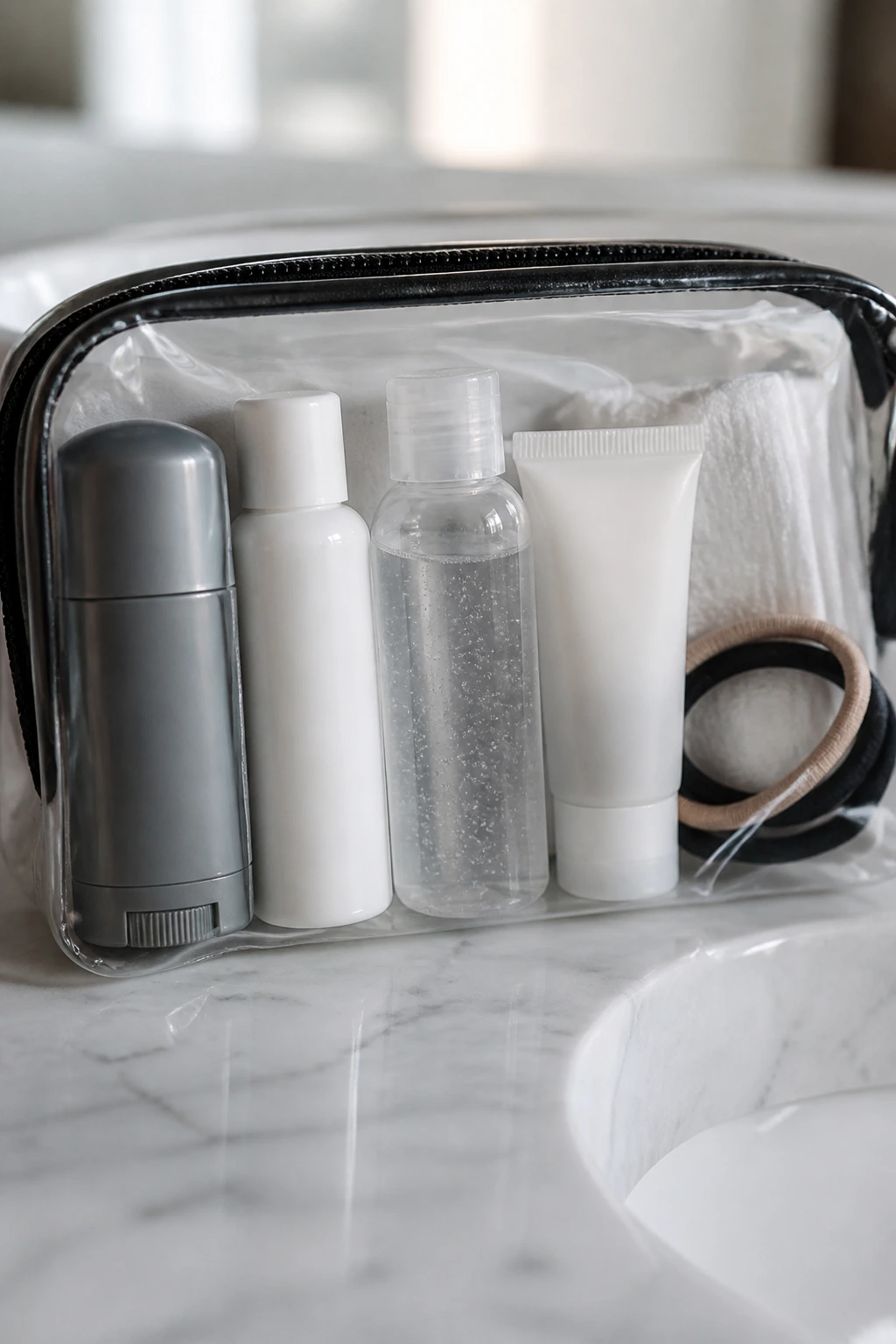Clear toiletries kit with plain items on a bathroom counter