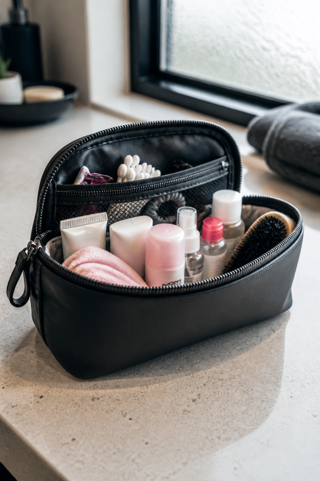 Close-up of a small toiletry pouch opened on a gym bathroom counter showing essentials