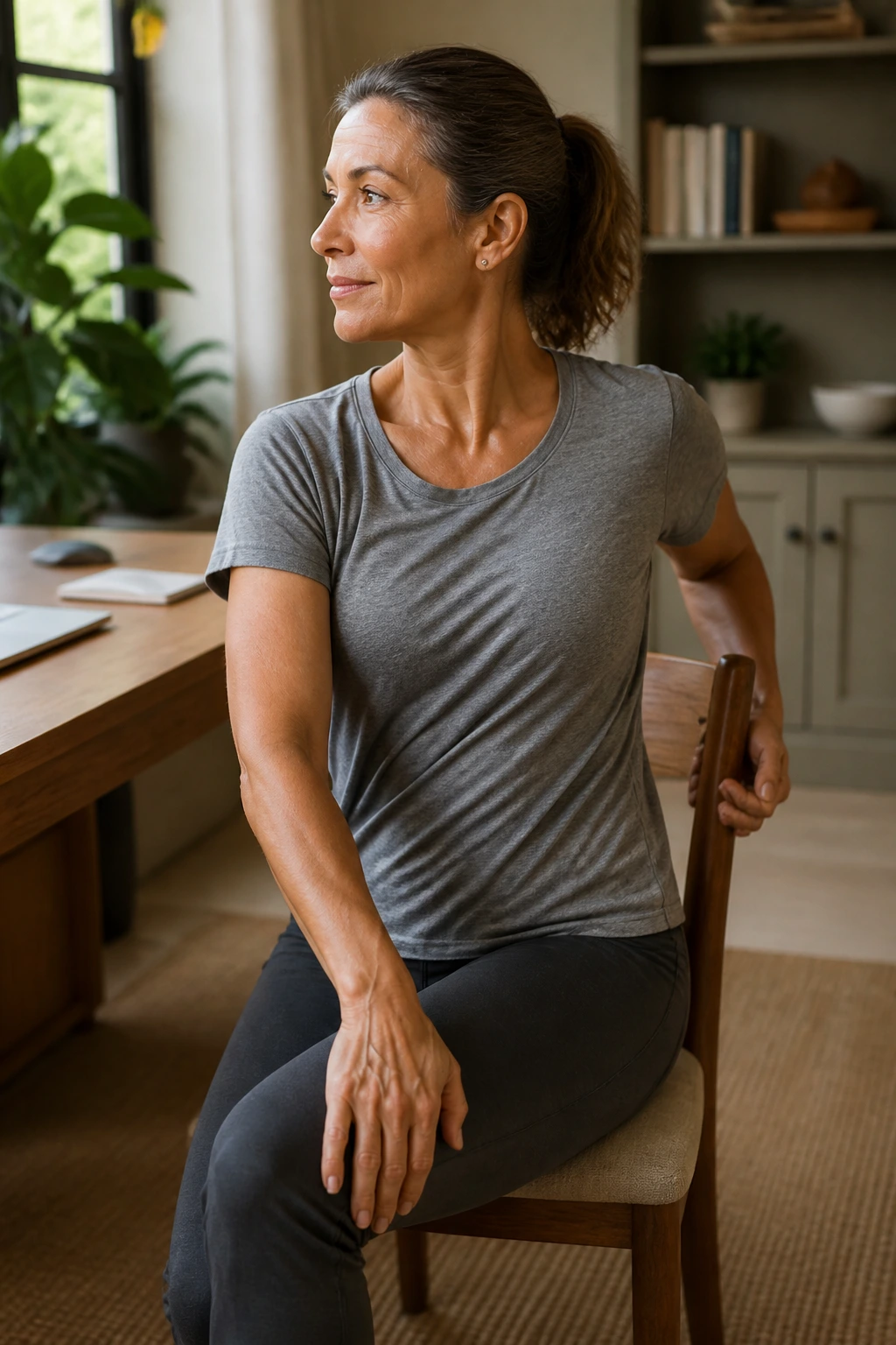 Person performing seated torso twist in a chair.