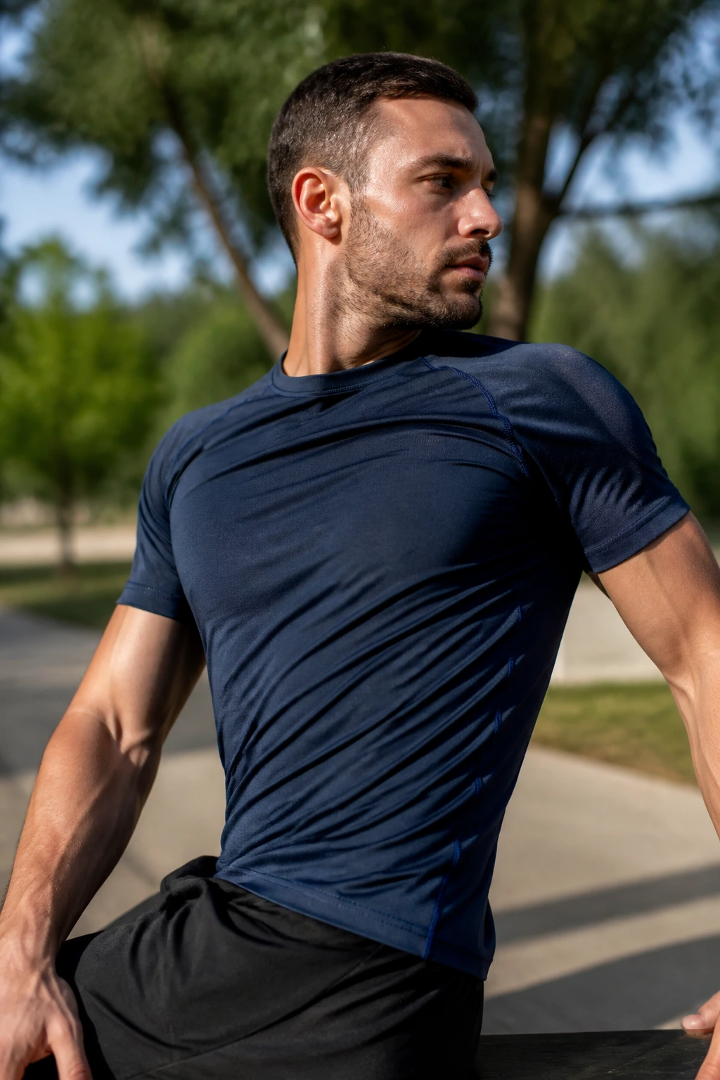 Close-up of a person performing torso twists outdoors