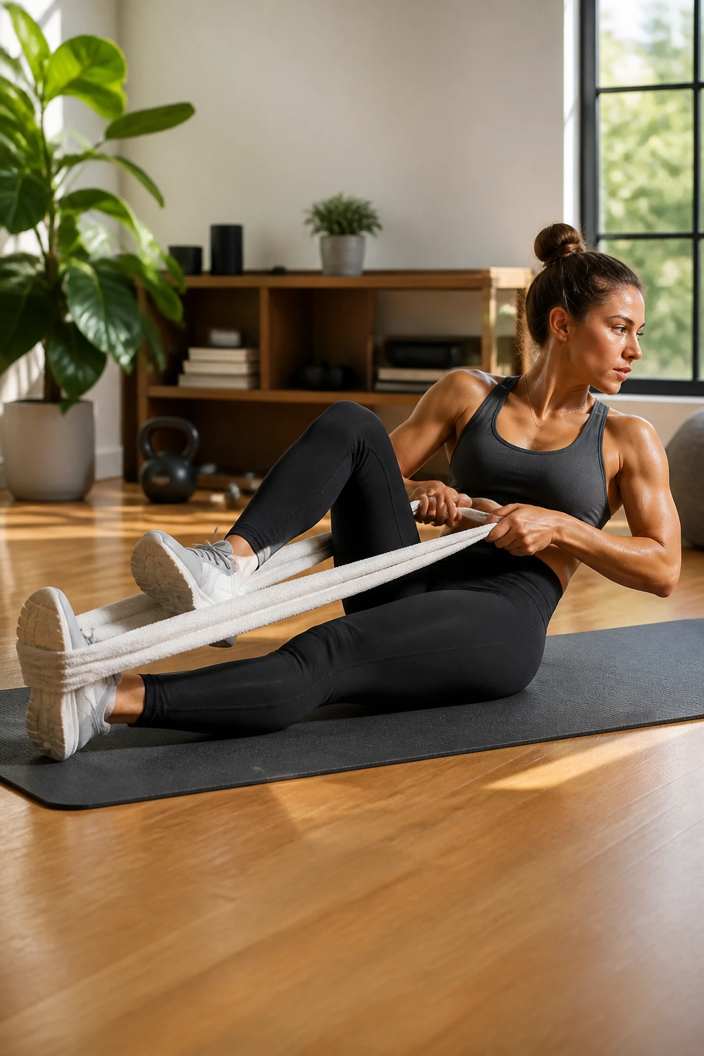 Person seated performing towel row and bicycle crunch on mat