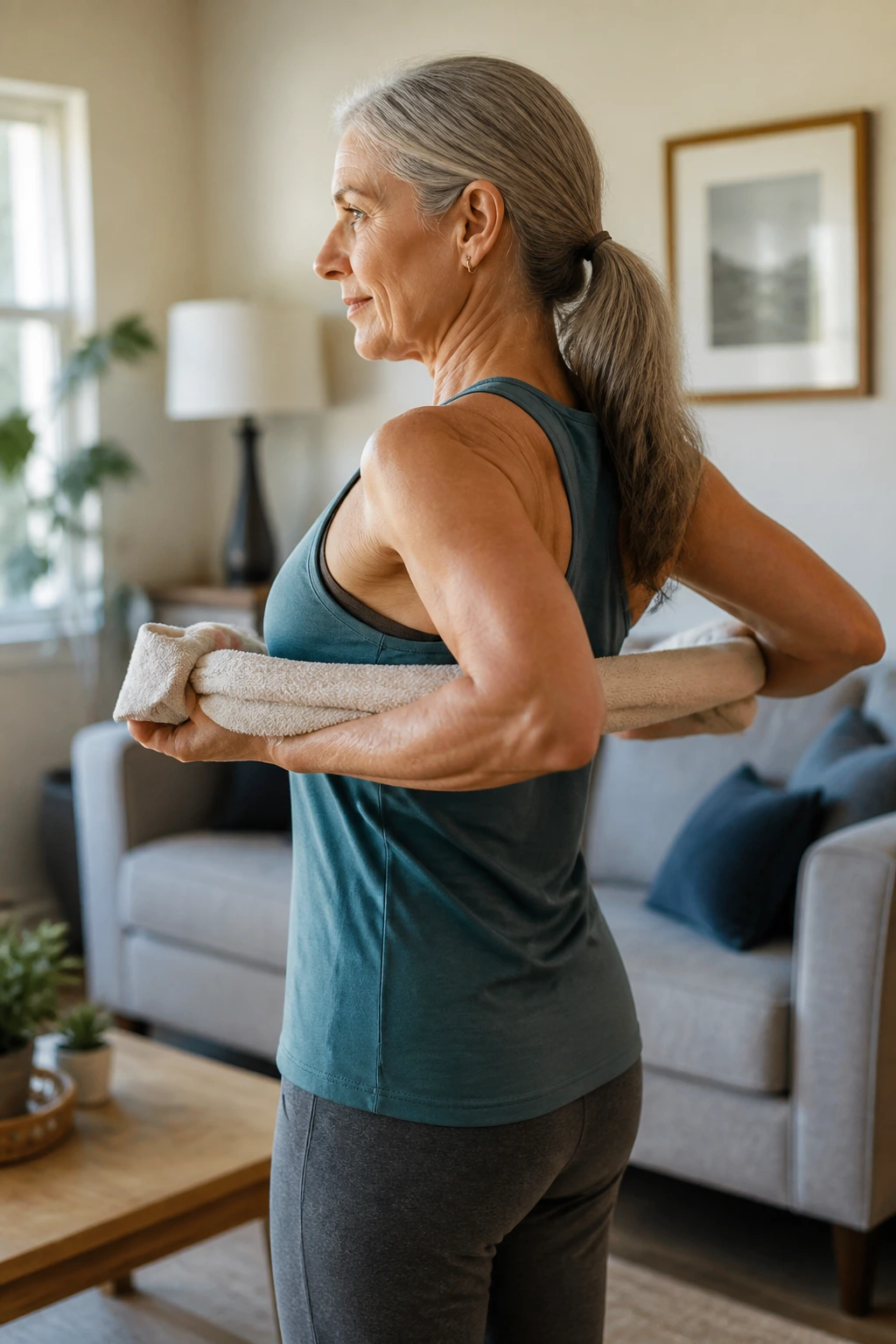 Mid-shot of a person performing towel rows to strengthen the upper back in a home setting.