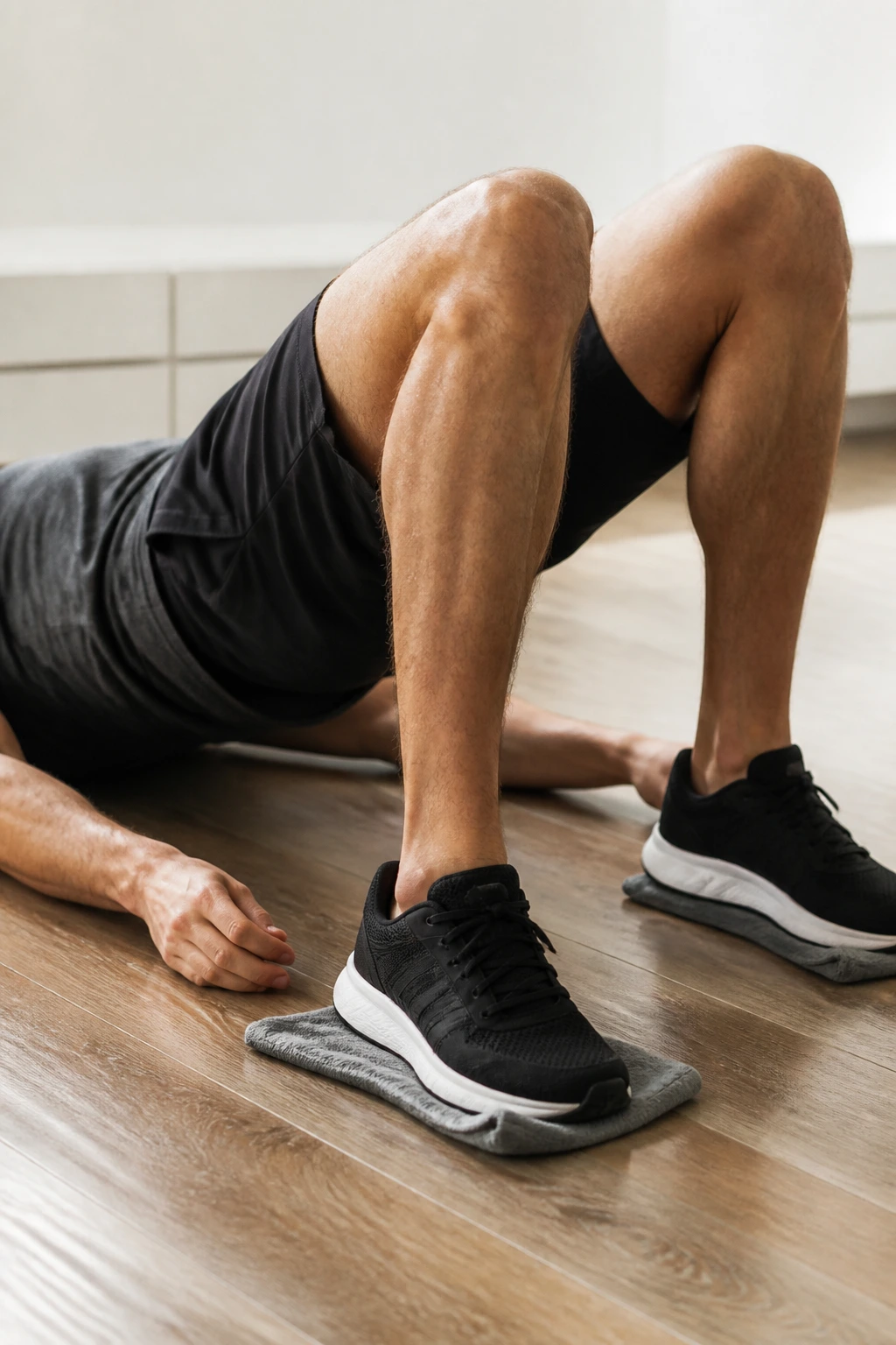 Person performing towel slider hamstring drill on floor