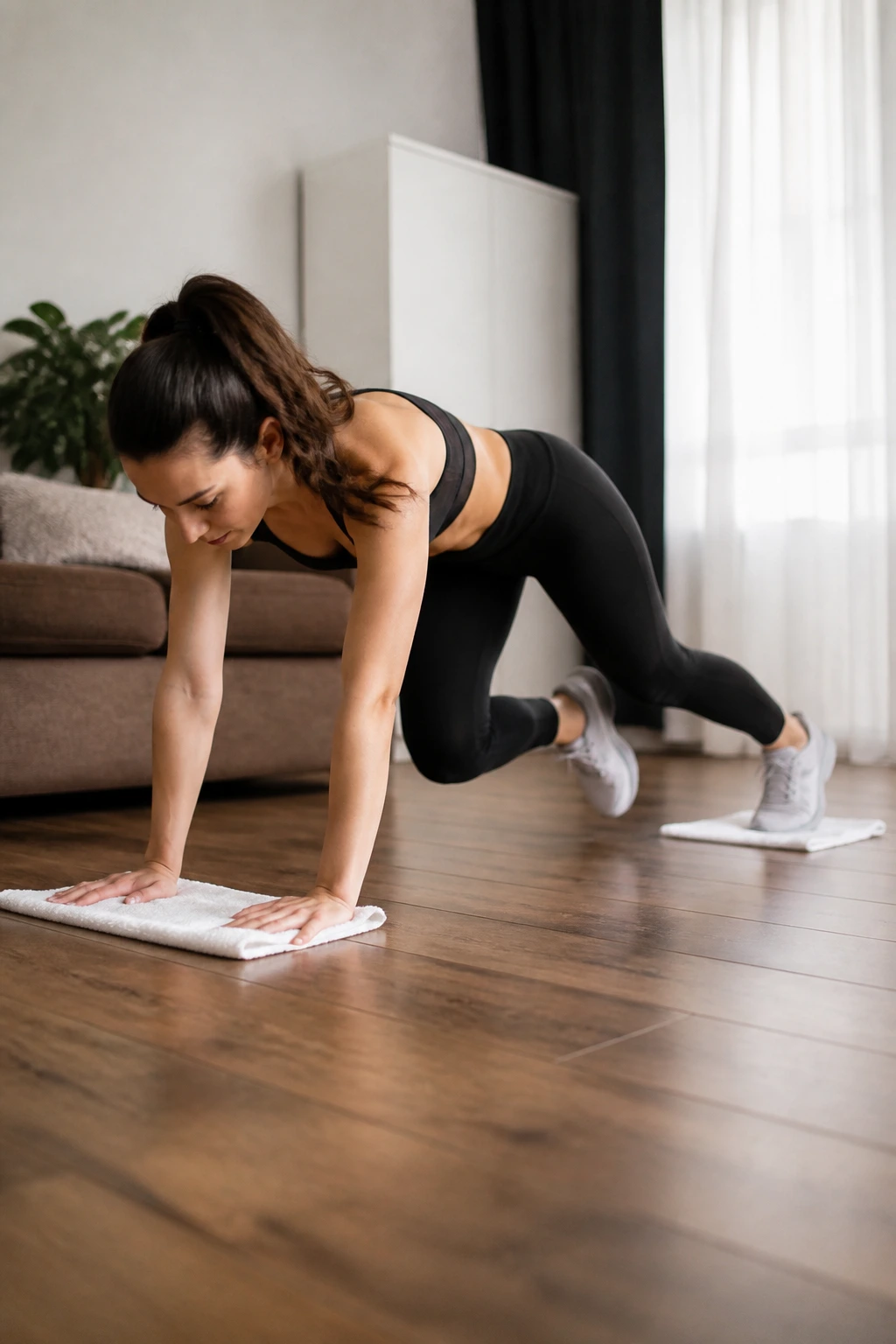 Person using towels to slide on a smooth floor during a cardio leg workout