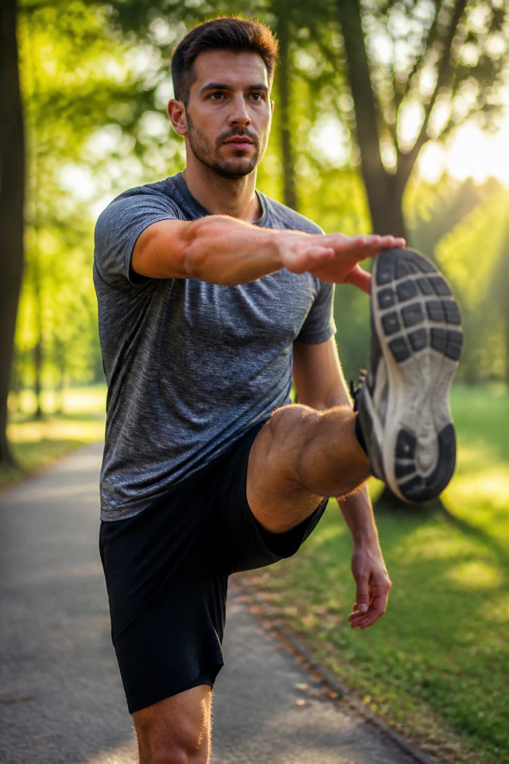 Medium close-up of a person performing the toy soldiers dynamic stretch outdoors with leg extended and reaching hand.