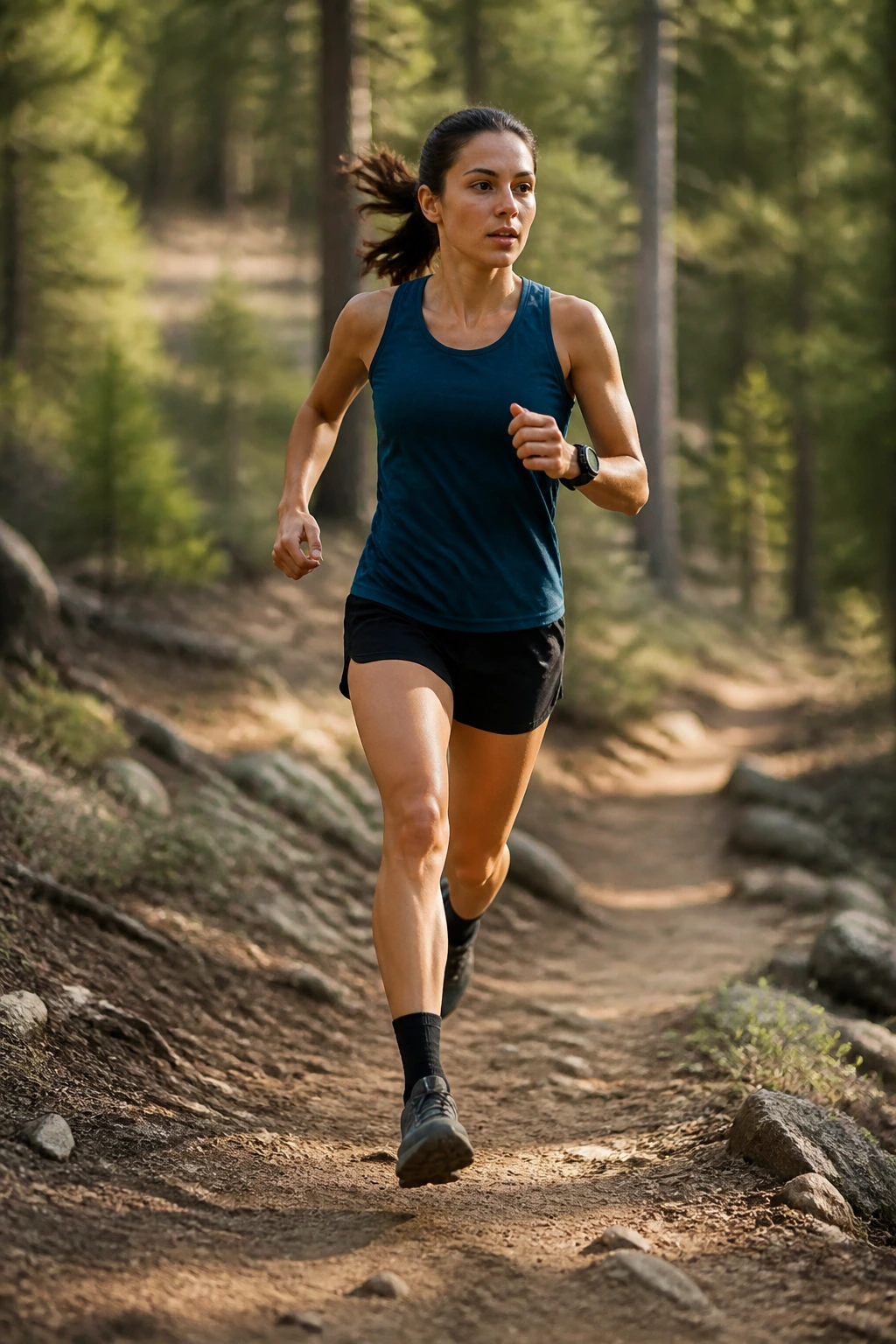Runner on a dirt trail with rolling ground during fartlek
