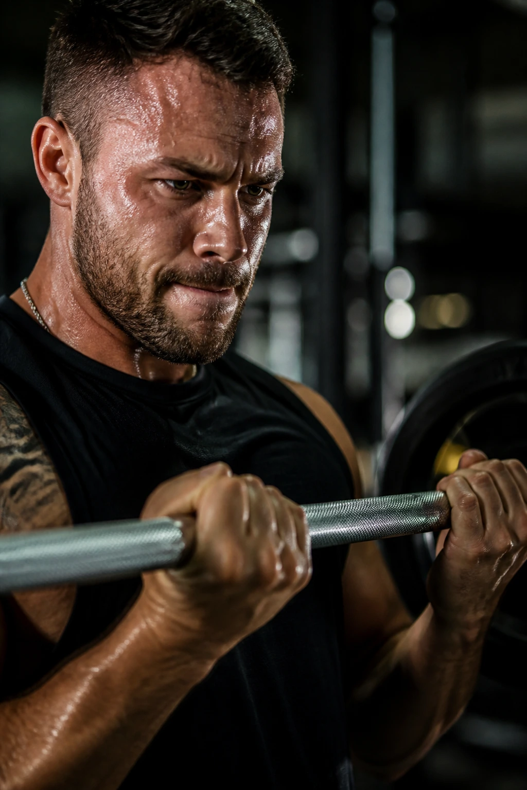 Lifters intense face and grip during a near-failure set in gym