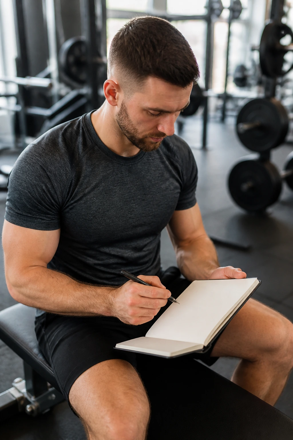 Person with blank notebook/tablet preparing to log a workout in gym